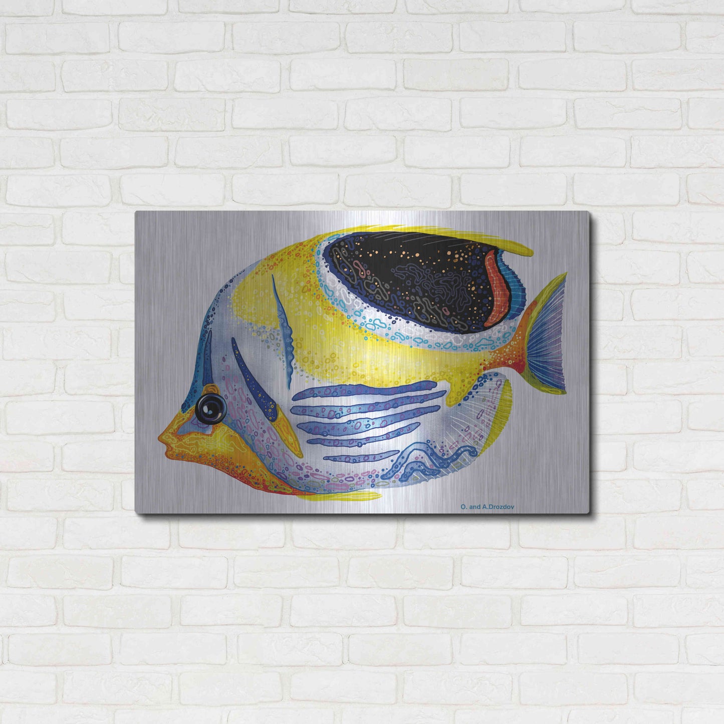 Luxe Metal Art 'Fish 5 Blue Yellow' by Olga and Alexey Drozdov, Metal Wall Art,36x24