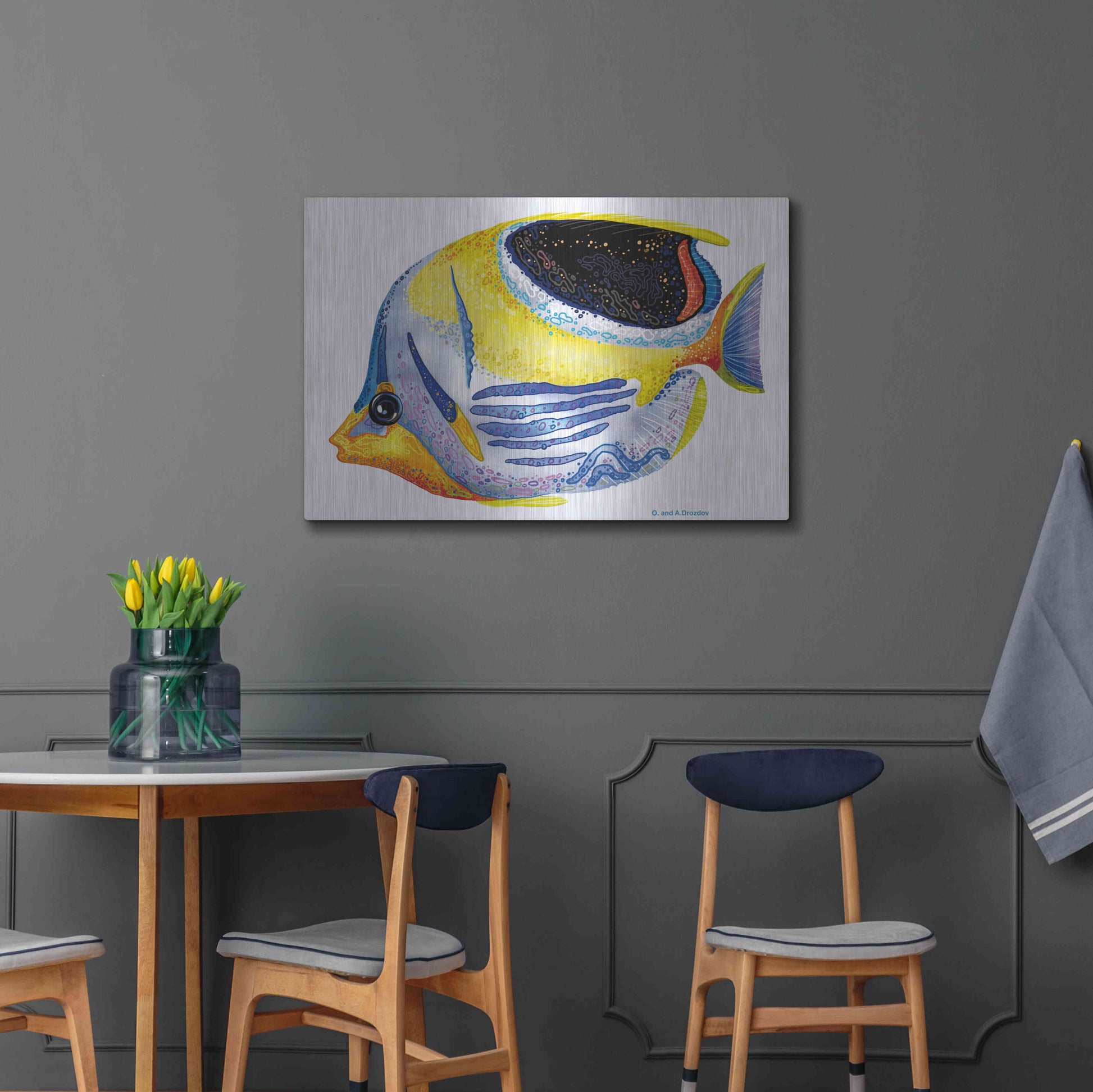 Luxe Metal Art 'Fish 5 Blue Yellow' by Olga and Alexey Drozdov, Metal Wall Art,36x24