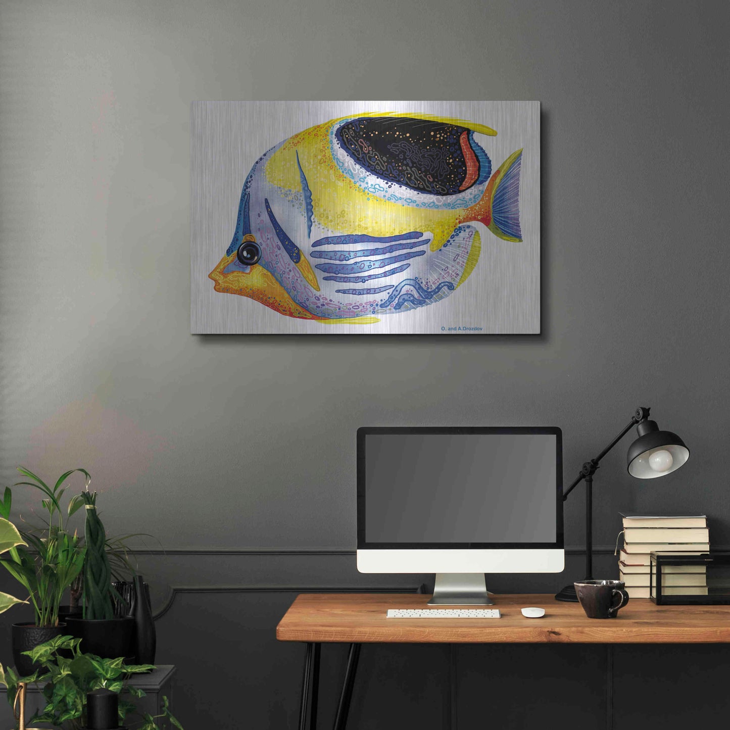 Luxe Metal Art 'Fish 5 Blue Yellow' by Olga and Alexey Drozdov, Metal Wall Art,36x24