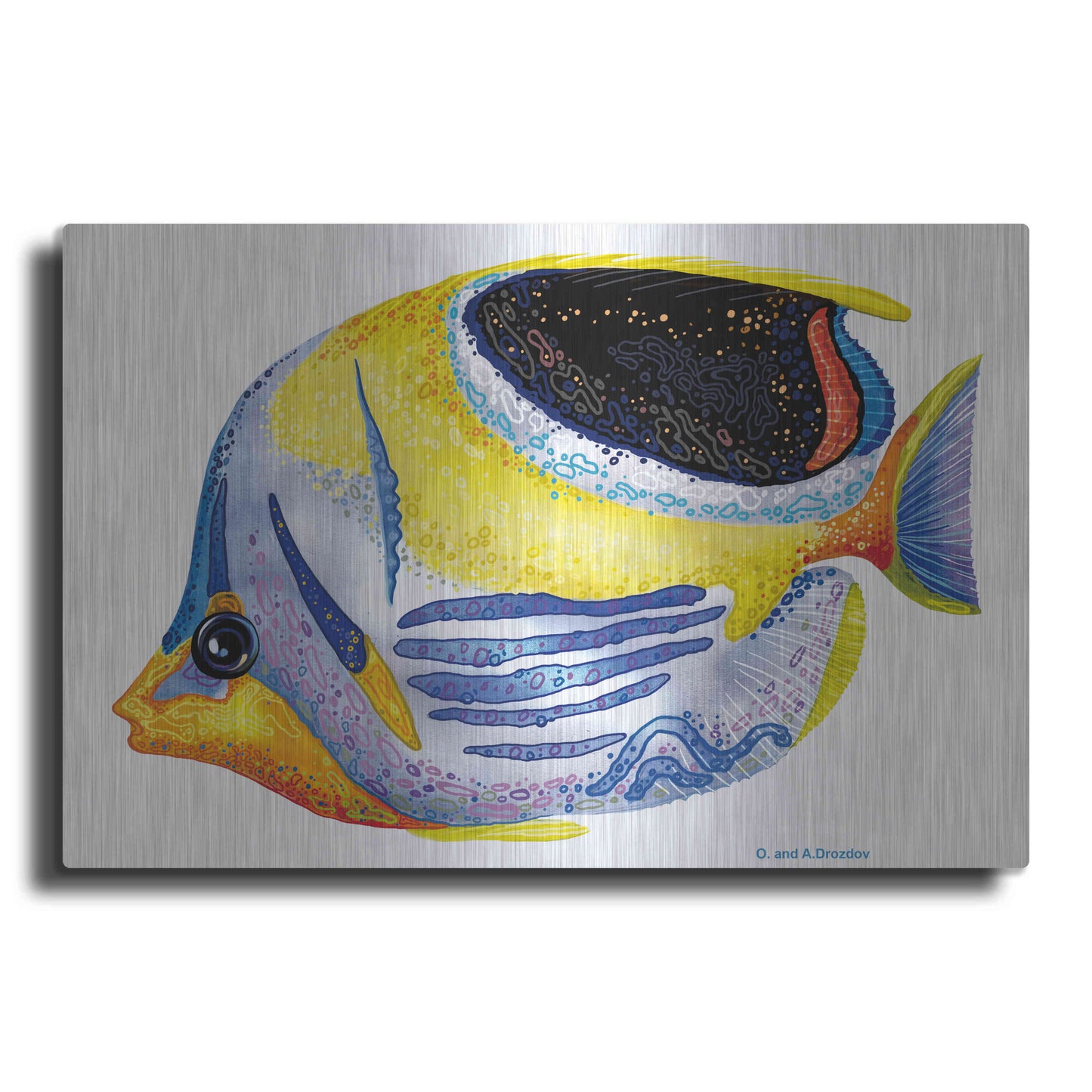 Luxe Metal Art 'Fish 5 Blue Yellow' by Olga and Alexey Drozdov, Metal Wall Art