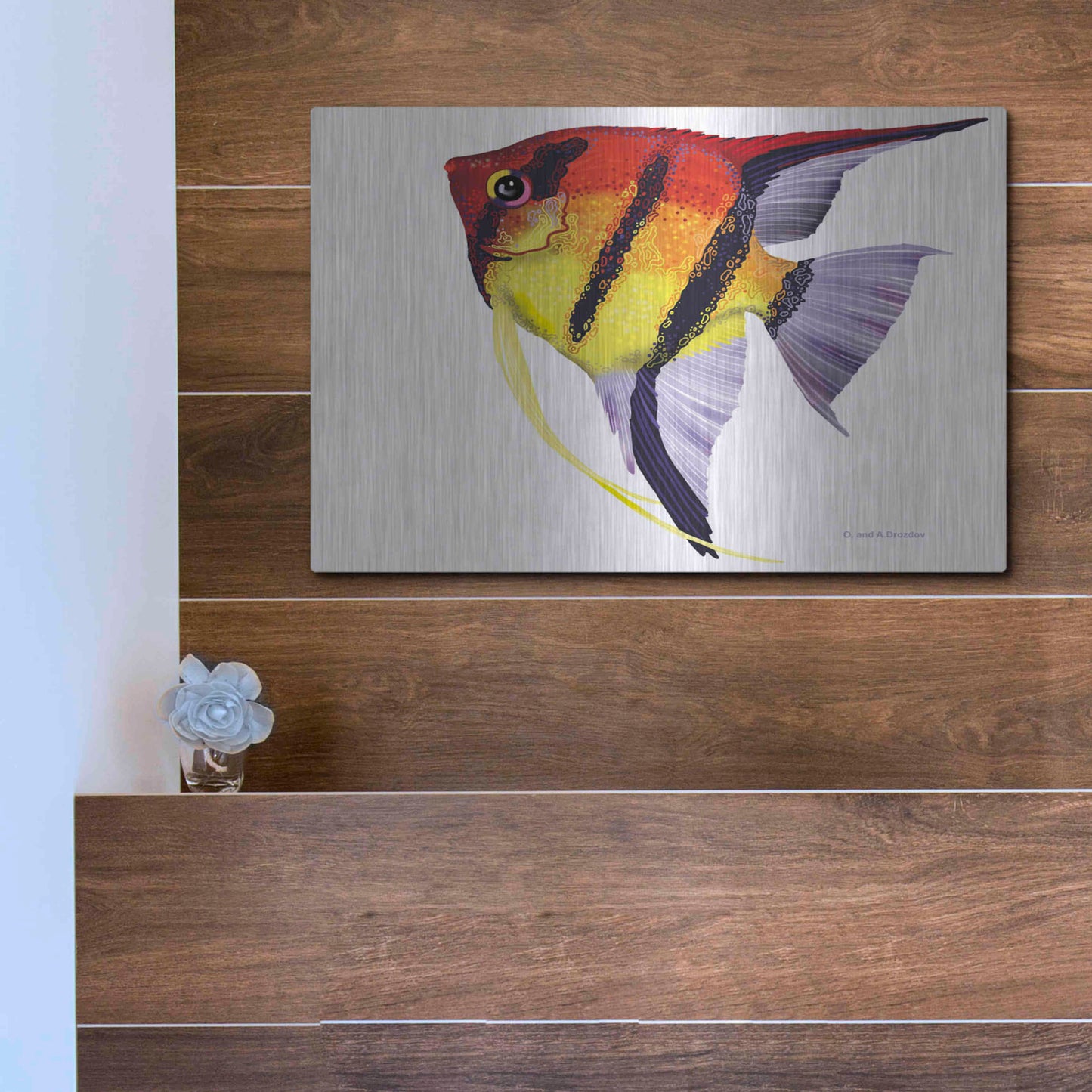 Luxe Metal Art 'Fish 4 Red Yellow' by Olga and Alexey Drozdov, Metal Wall Art,16x12