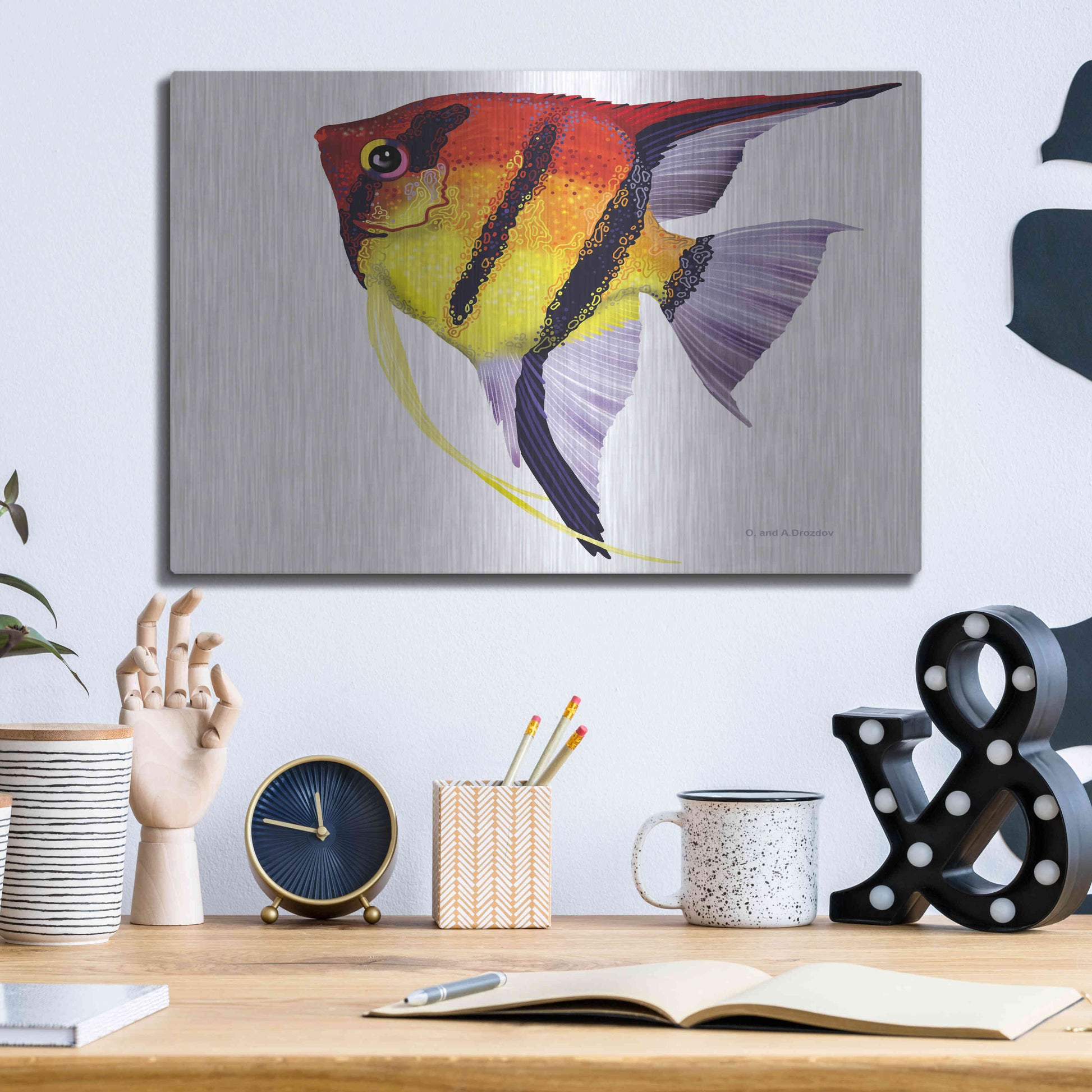 Luxe Metal Art 'Fish 4 Red Yellow' by Olga and Alexey Drozdov, Metal Wall Art,16x12