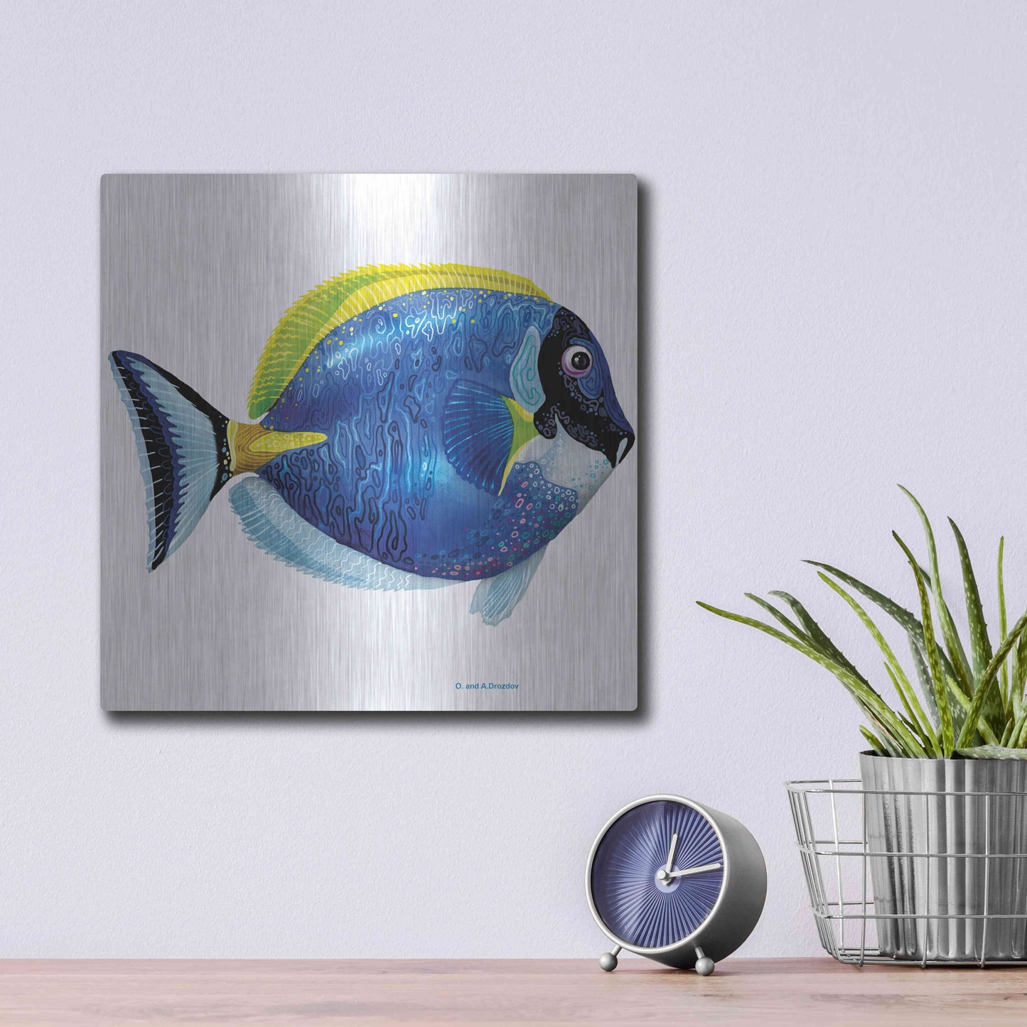 Luxe Metal Art 'Fish 4 Blue Yellow' by Olga and Alexey Drozdov, Metal Wall Art,12x12