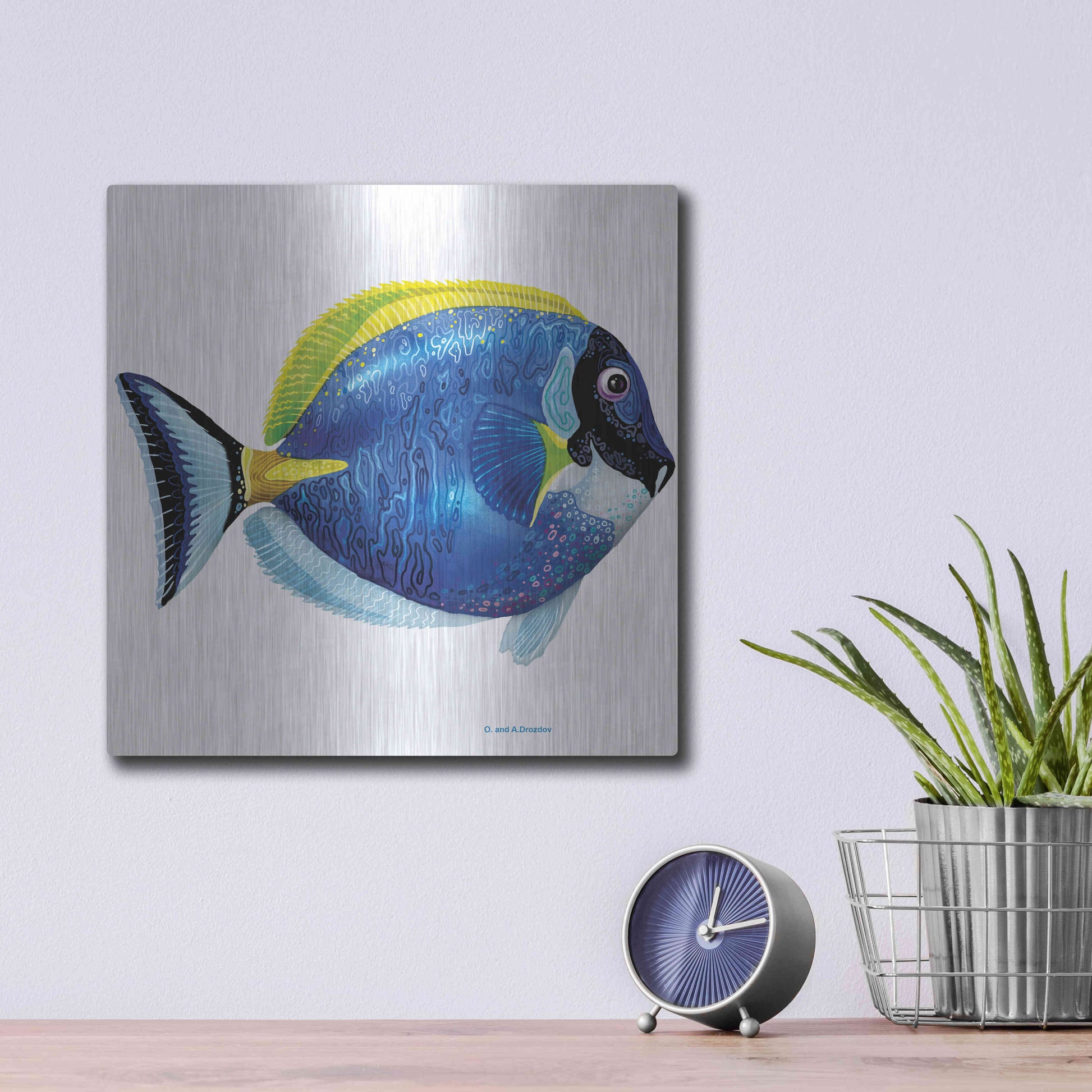 Luxe Metal Art 'Fish 4 Blue Yellow' by Olga and Alexey Drozdov, Metal Wall Art,12x12