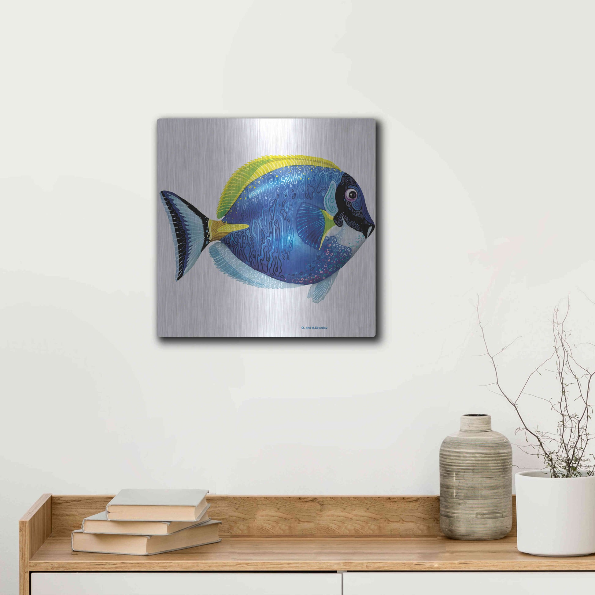 Luxe Metal Art 'Fish 4 Blue Yellow' by Olga and Alexey Drozdov, Metal Wall Art,12x12