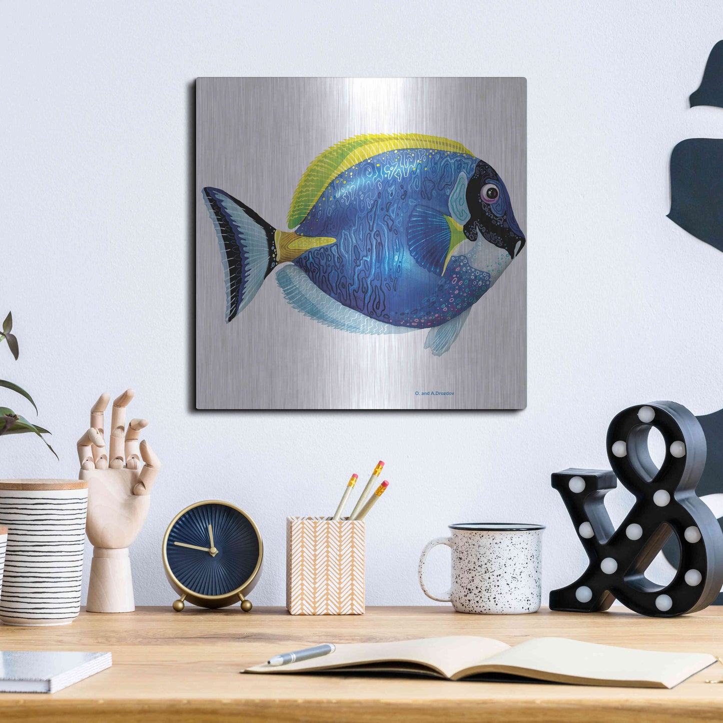 Luxe Metal Art 'Fish 4 Blue Yellow' by Olga and Alexey Drozdov, Metal Wall Art,12x12