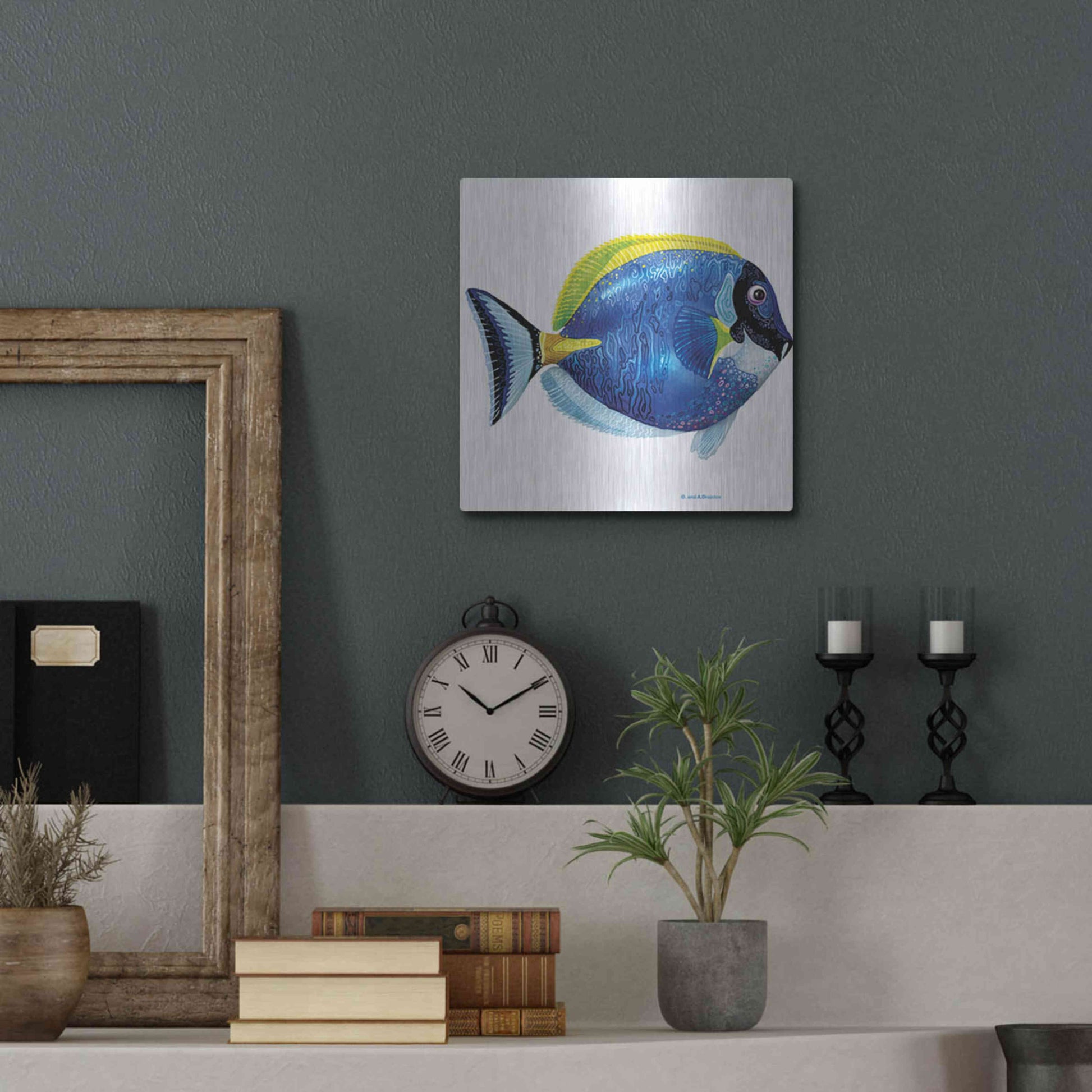 Luxe Metal Art 'Fish 4 Blue Yellow' by Olga and Alexey Drozdov, Metal Wall Art,12x12