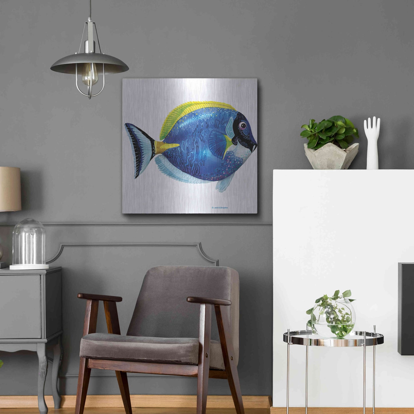 Luxe Metal Art 'Fish 4 Blue Yellow' by Olga and Alexey Drozdov, Metal Wall Art,24x24