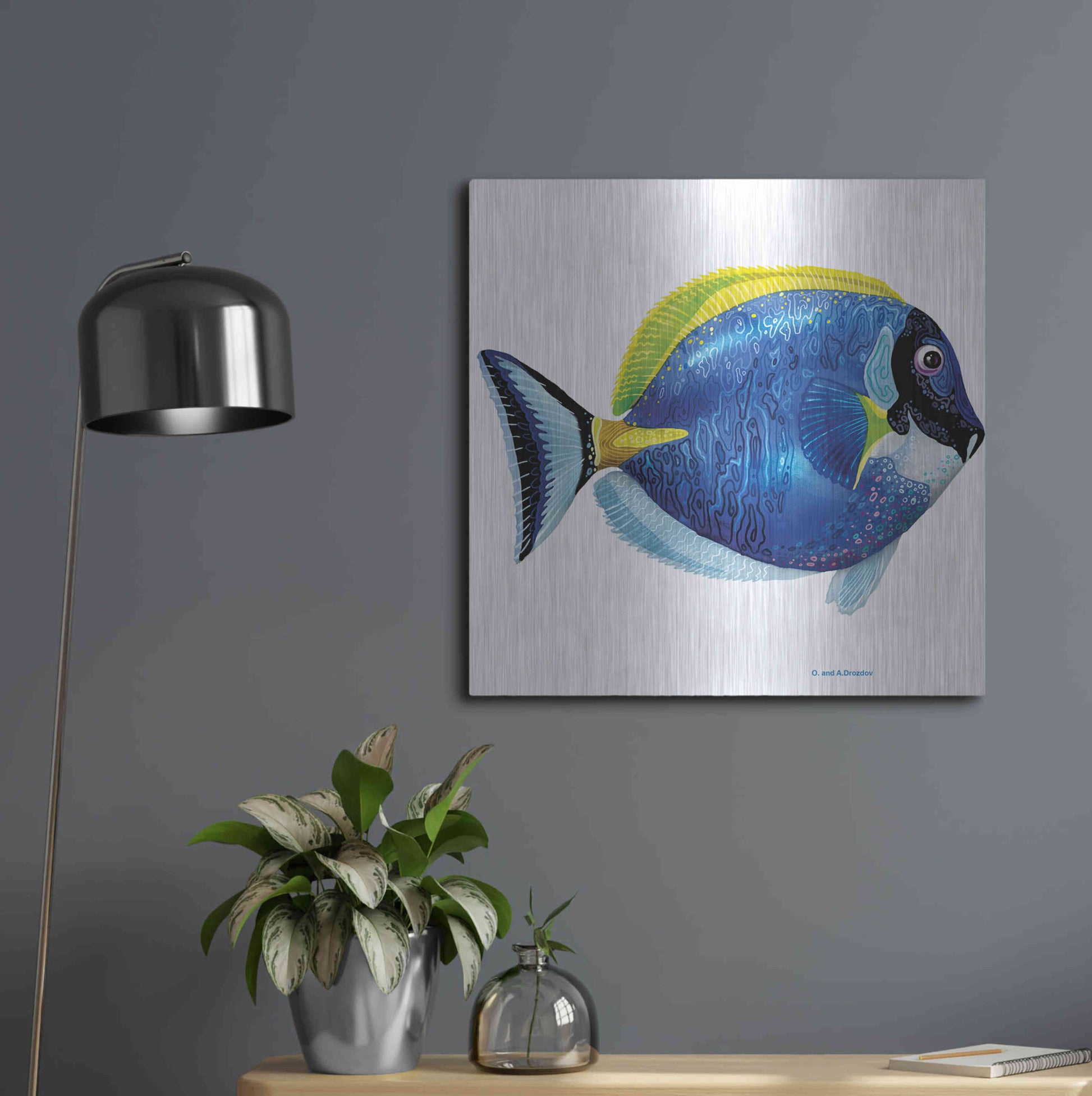 Luxe Metal Art 'Fish 4 Blue Yellow' by Olga and Alexey Drozdov, Metal Wall Art,24x24