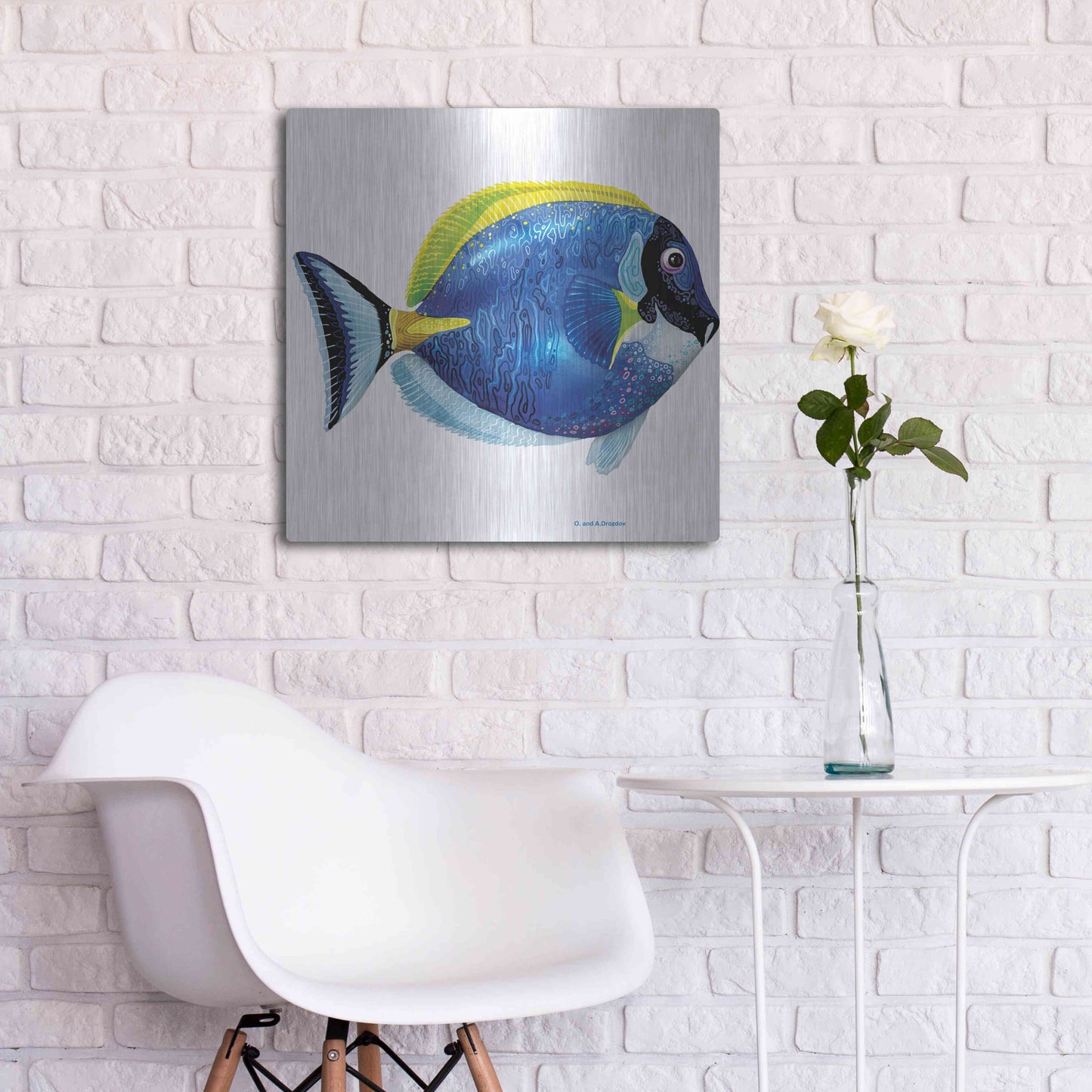 Luxe Metal Art 'Fish 4 Blue Yellow' by Olga and Alexey Drozdov, Metal Wall Art,24x24