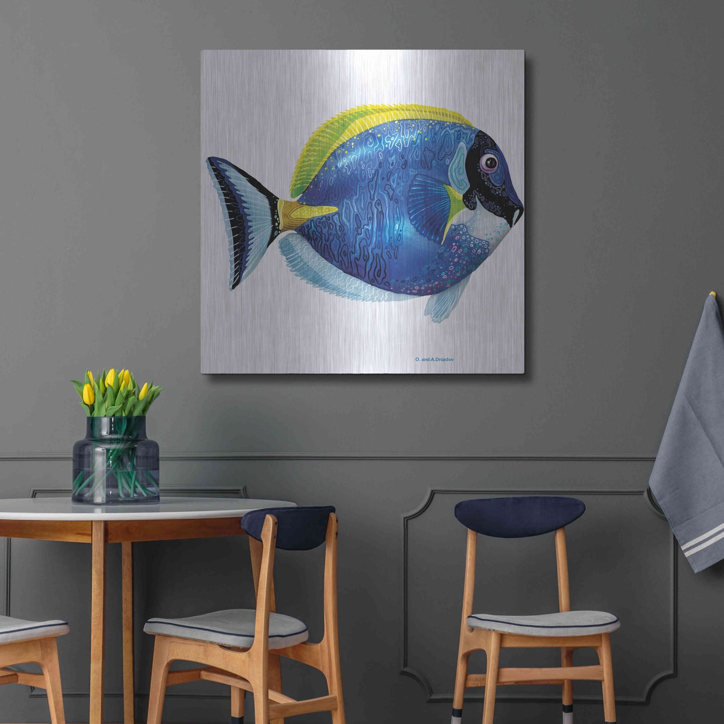 Luxe Metal Art 'Fish 4 Blue Yellow' by Olga and Alexey Drozdov, Metal Wall Art,36x36