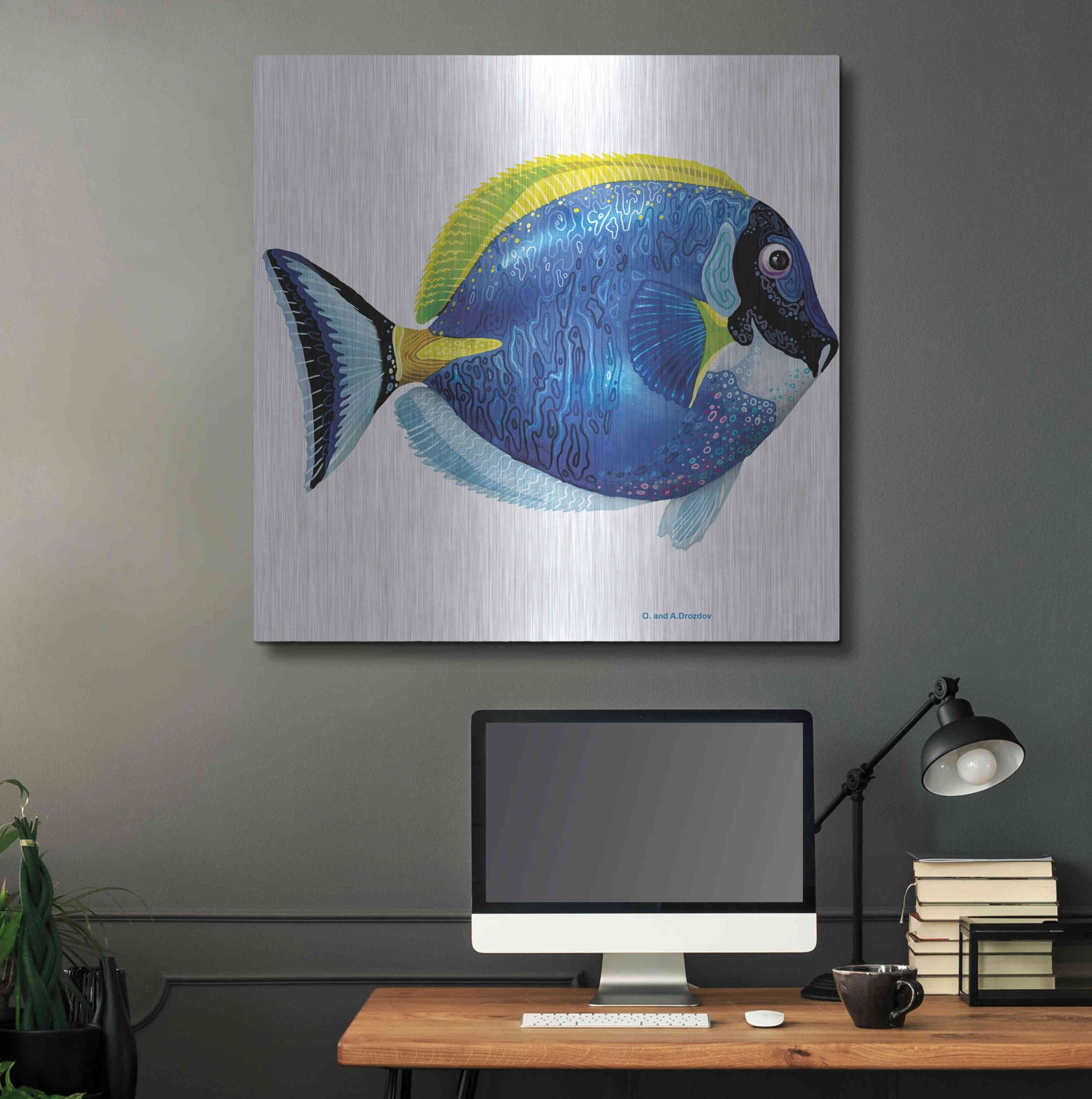 Luxe Metal Art 'Fish 4 Blue Yellow' by Olga and Alexey Drozdov, Metal Wall Art,36x36