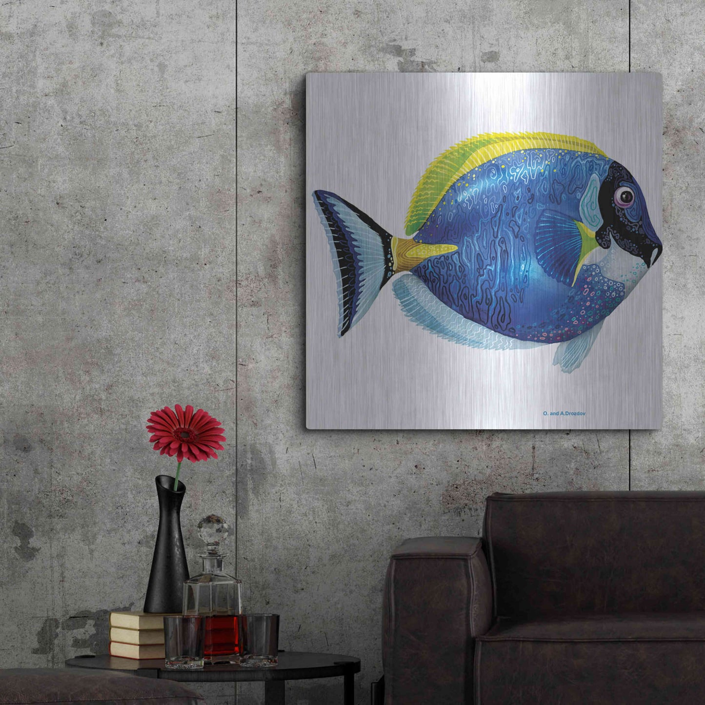 Luxe Metal Art 'Fish 4 Blue Yellow' by Olga and Alexey Drozdov, Metal Wall Art,36x36