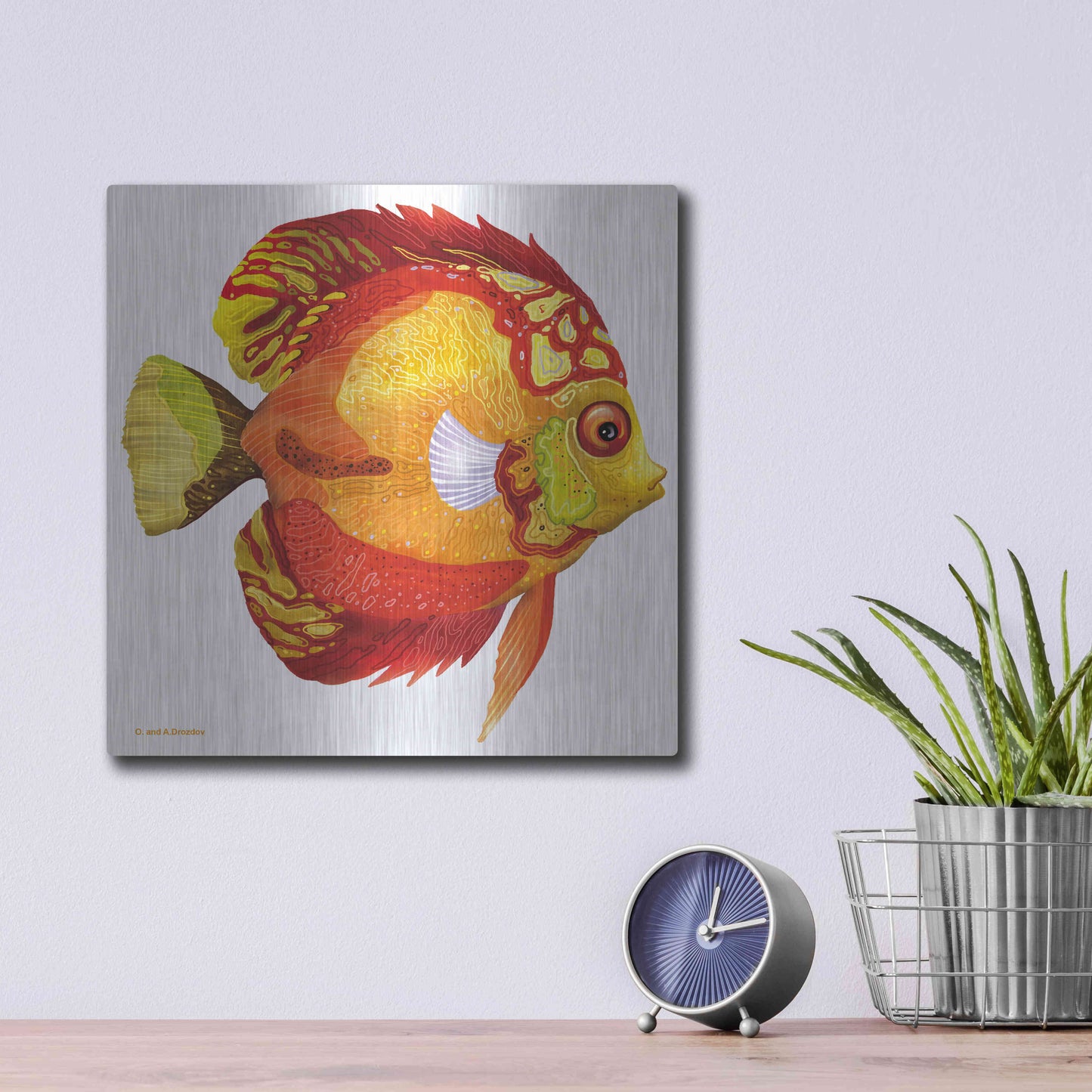 Luxe Metal Art 'Fish 3 Red Yellow' by Olga and Alexey Drozdov, Metal Wall Art,12x12