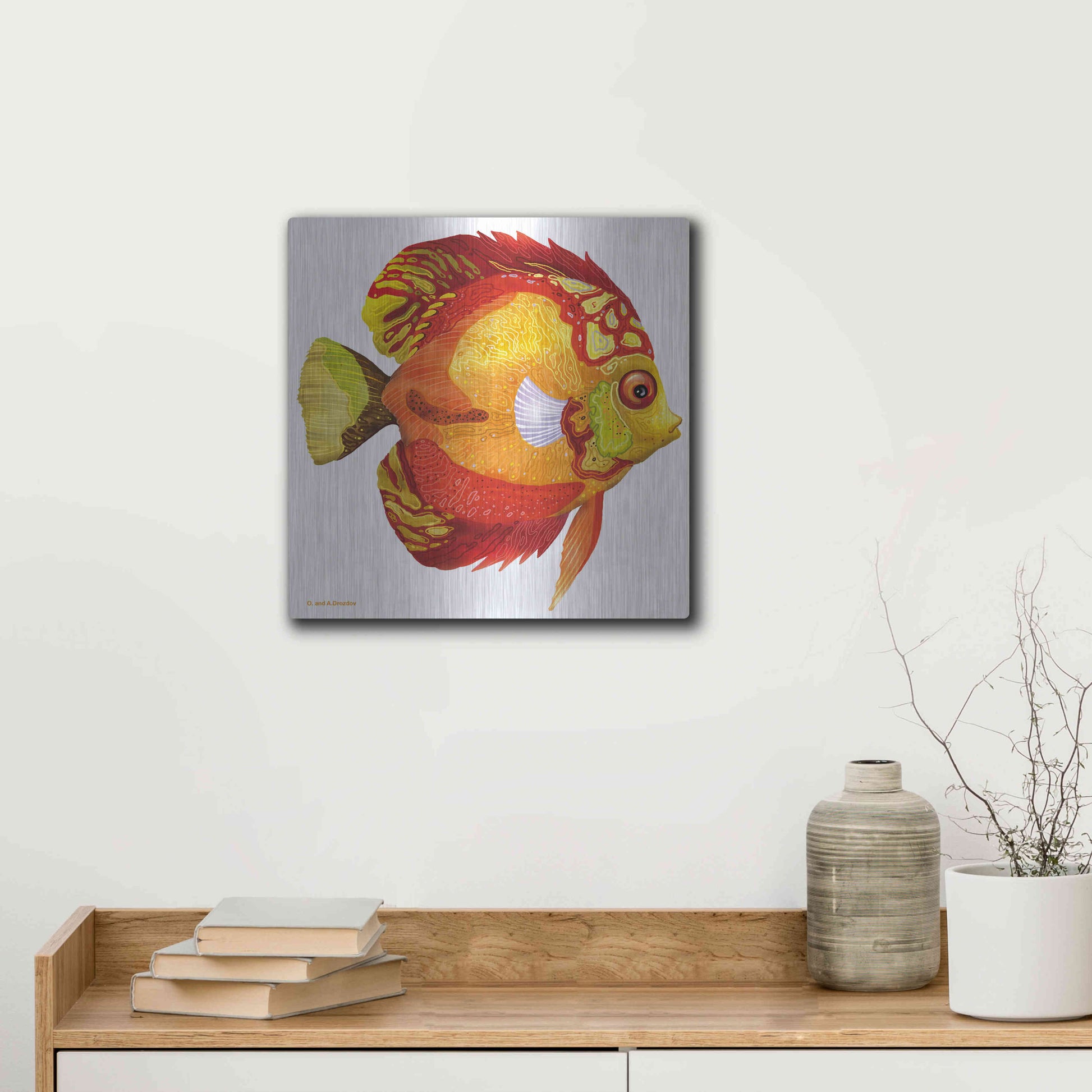 Luxe Metal Art 'Fish 3 Red Yellow' by Olga and Alexey Drozdov, Metal Wall Art,12x12