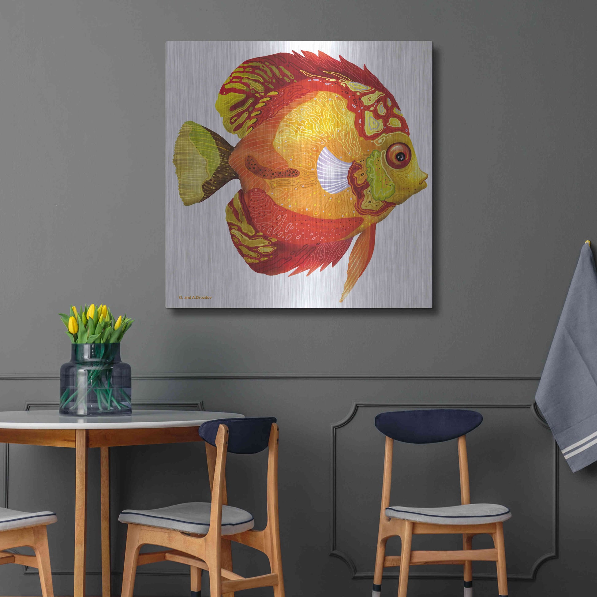 Luxe Metal Art 'Fish 3 Red Yellow' by Olga and Alexey Drozdov, Metal Wall Art,36x36