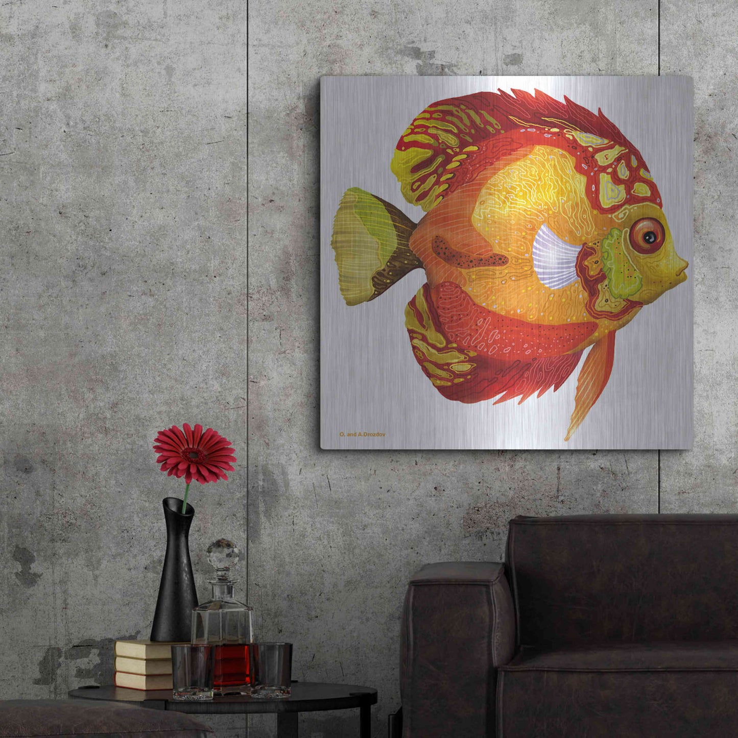 Luxe Metal Art 'Fish 3 Red Yellow' by Olga and Alexey Drozdov, Metal Wall Art,36x36