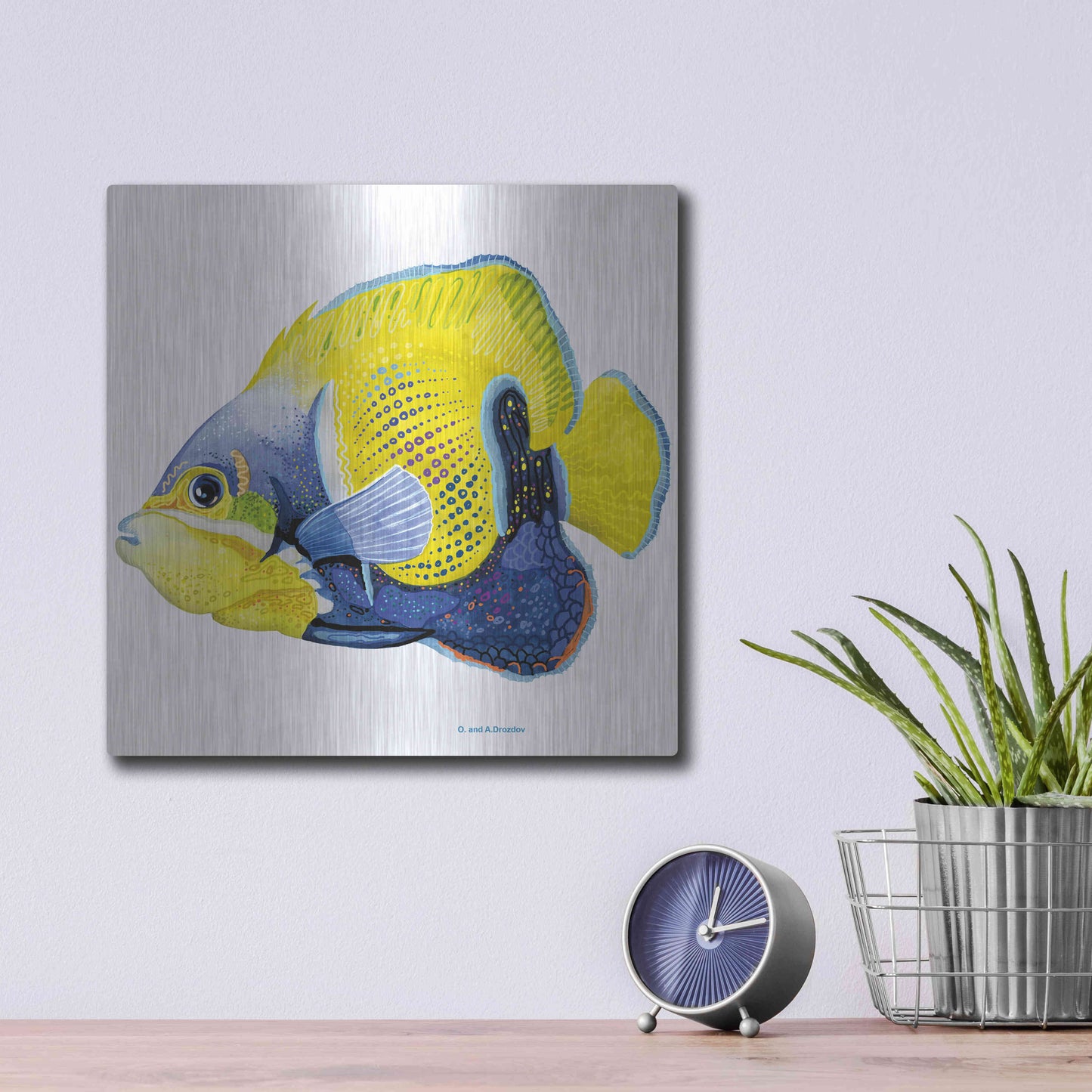 Luxe Metal Art 'Fish 3 Blue Yellow' by Olga and Alexey Drozdov, Metal Wall Art,12x12