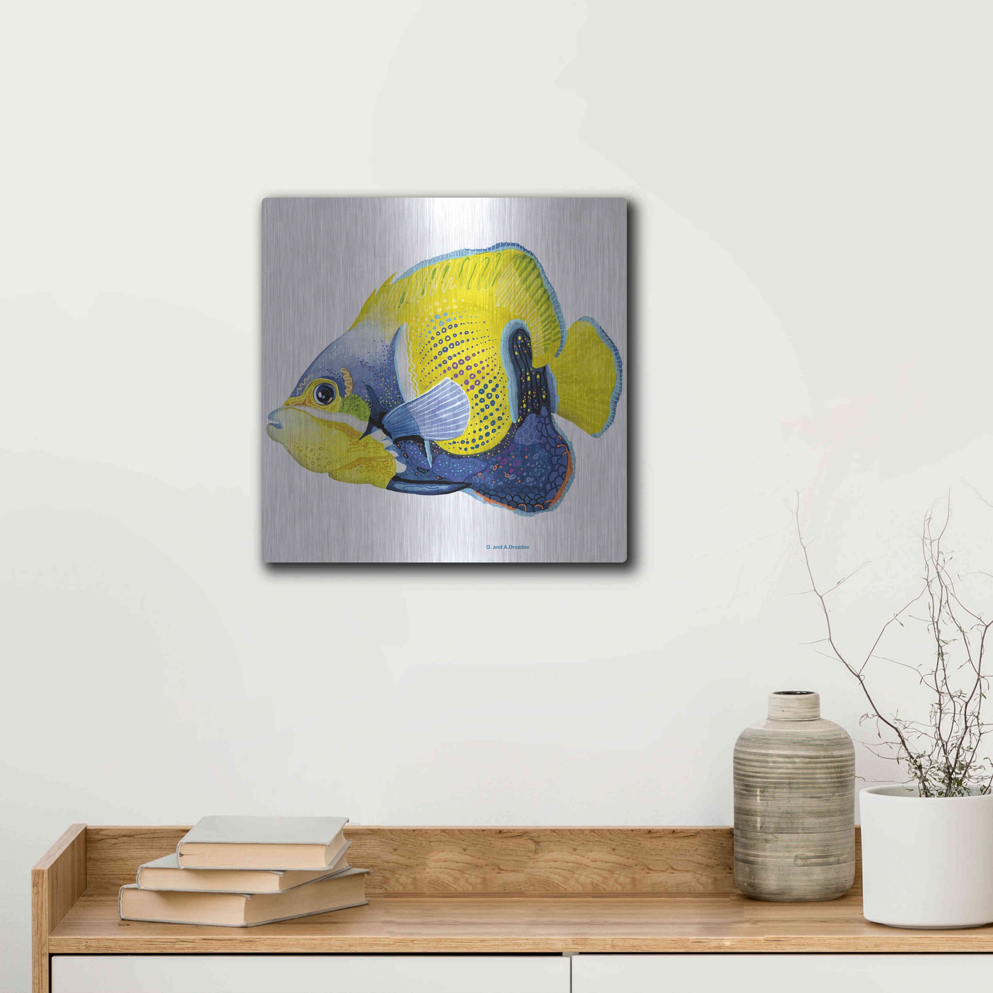 Luxe Metal Art 'Fish 3 Blue Yellow' by Olga and Alexey Drozdov, Metal Wall Art,12x12