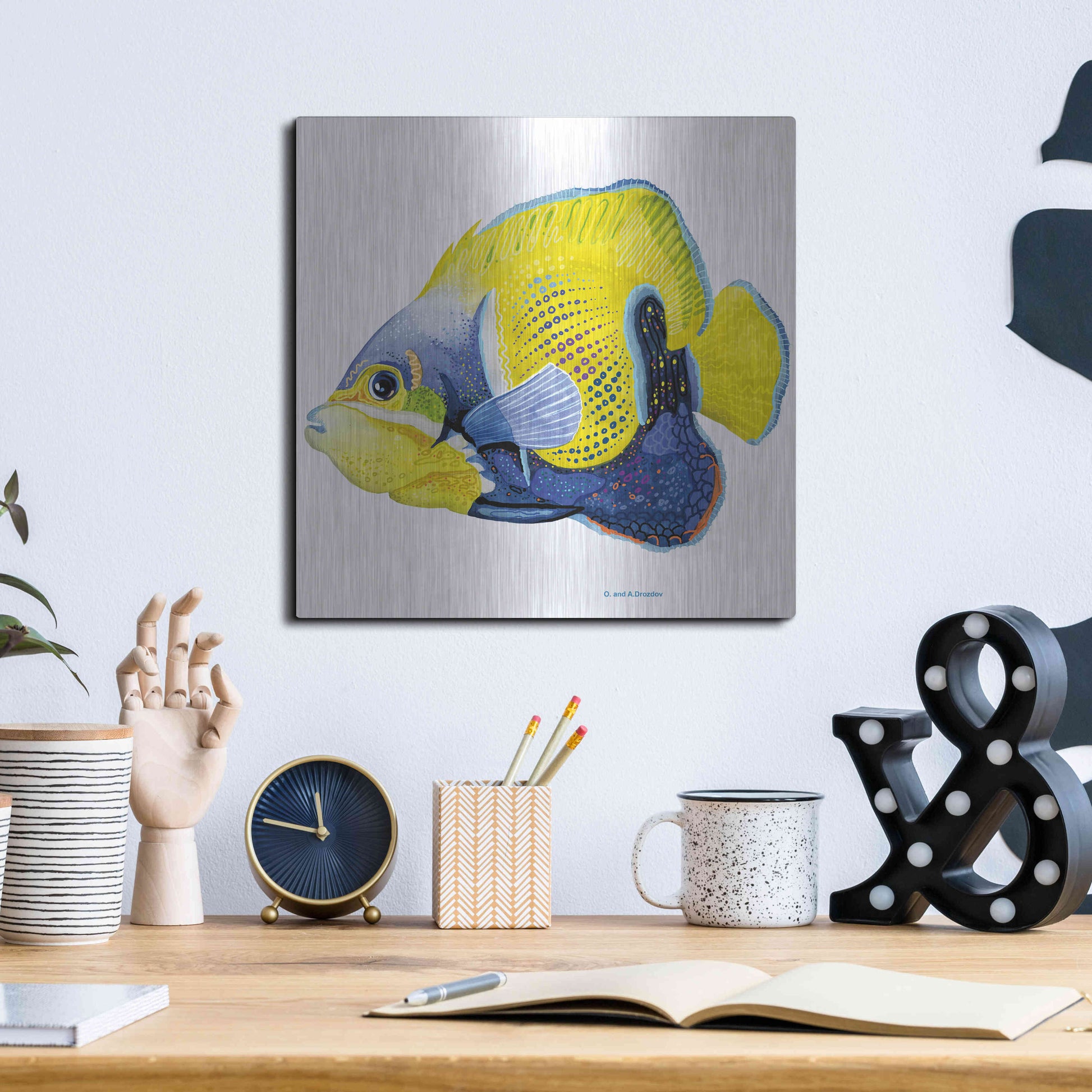 Luxe Metal Art 'Fish 3 Blue Yellow' by Olga and Alexey Drozdov, Metal Wall Art,12x12