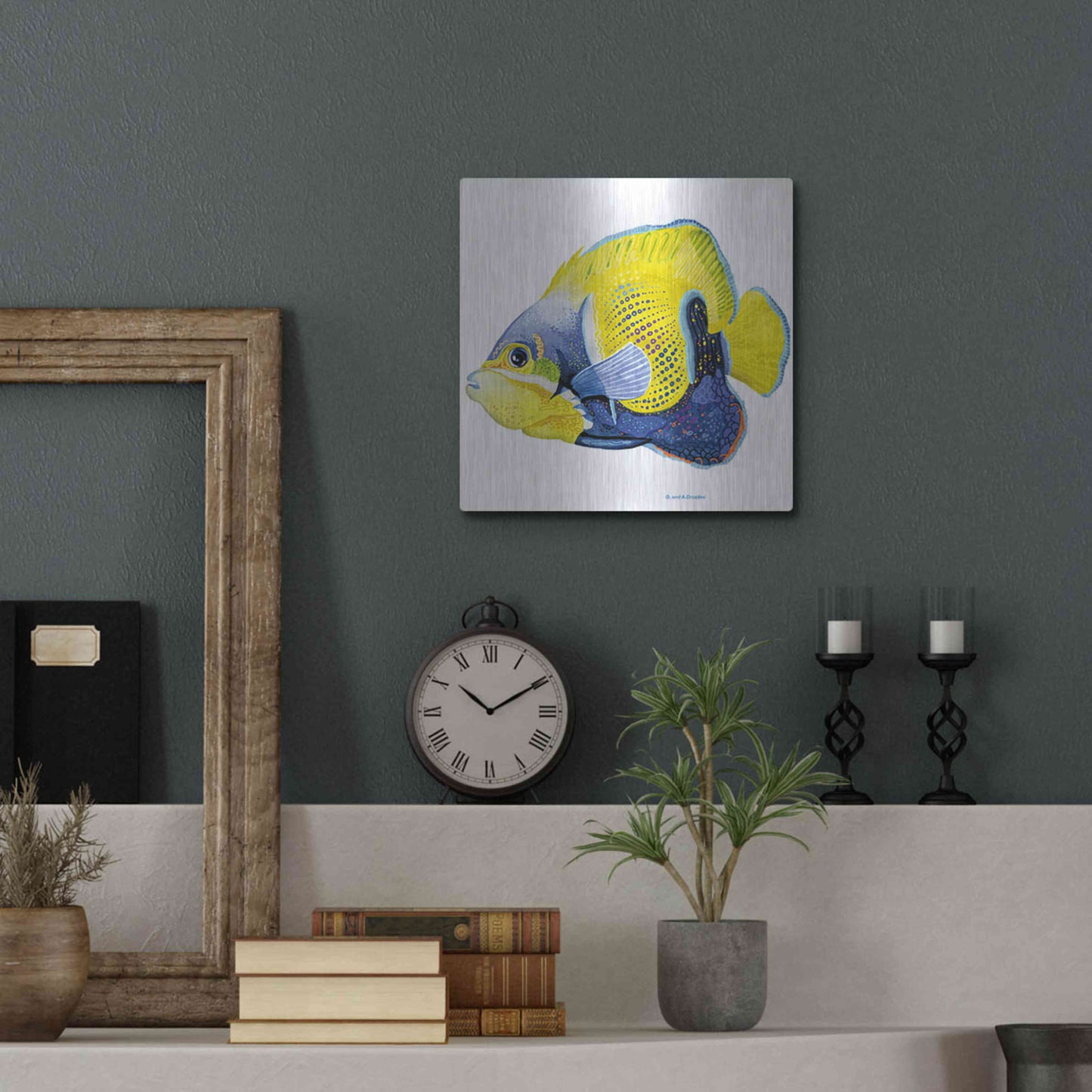 Luxe Metal Art 'Fish 3 Blue Yellow' by Olga and Alexey Drozdov, Metal Wall Art,12x12