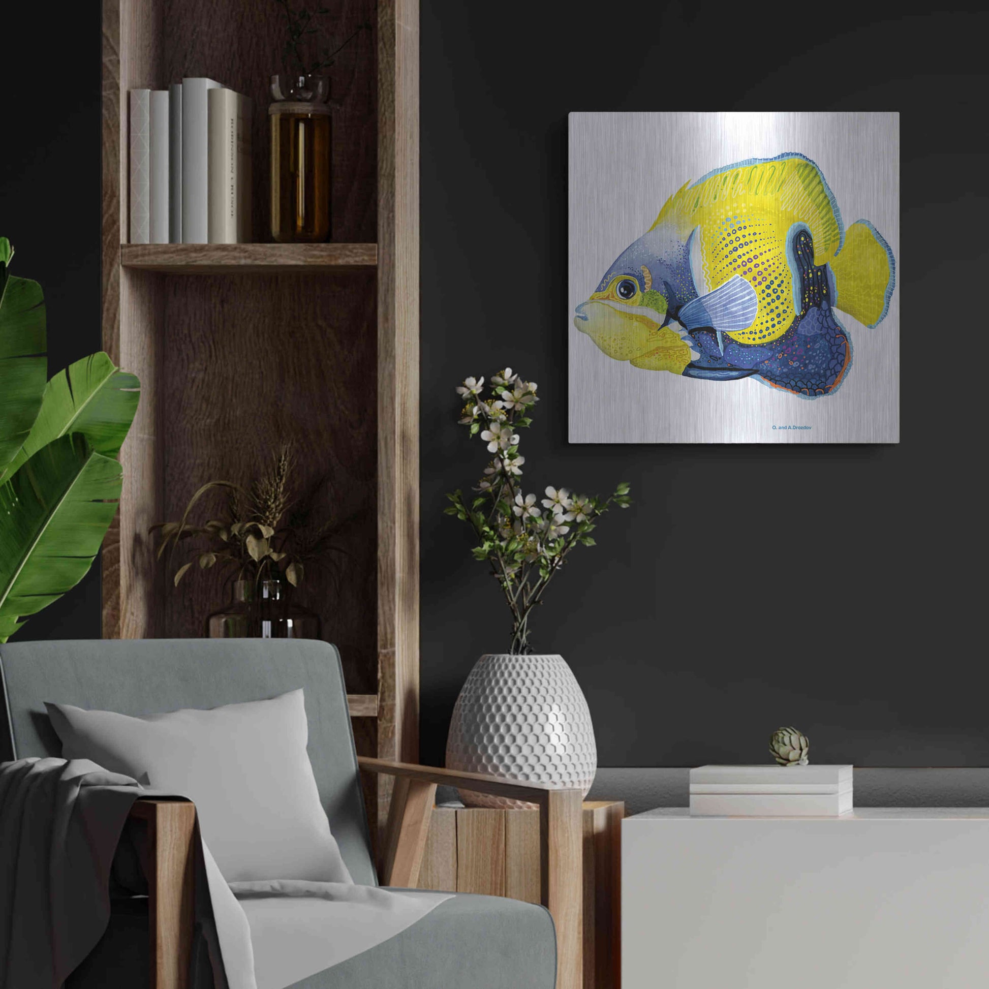 Luxe Metal Art 'Fish 3 Blue Yellow' by Olga and Alexey Drozdov, Metal Wall Art,24x24