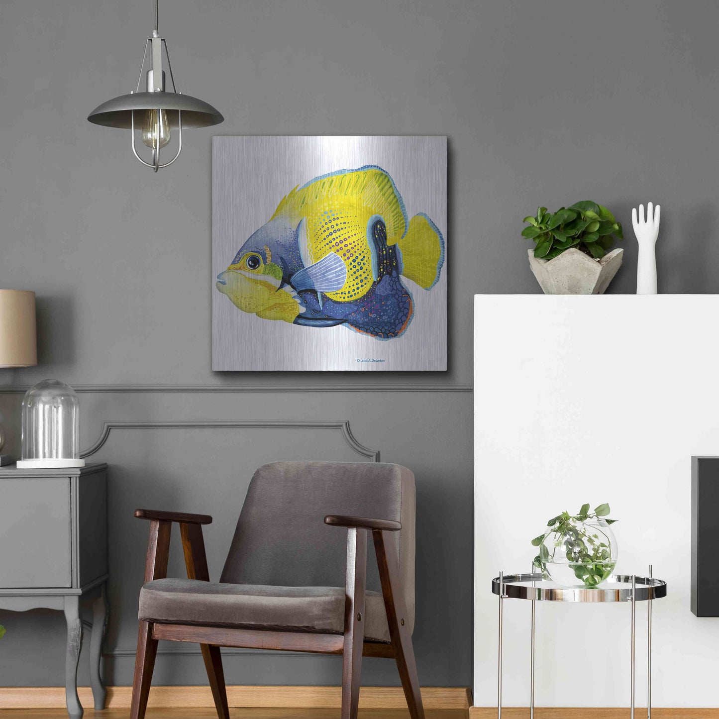 Luxe Metal Art 'Fish 3 Blue Yellow' by Olga and Alexey Drozdov, Metal Wall Art,24x24