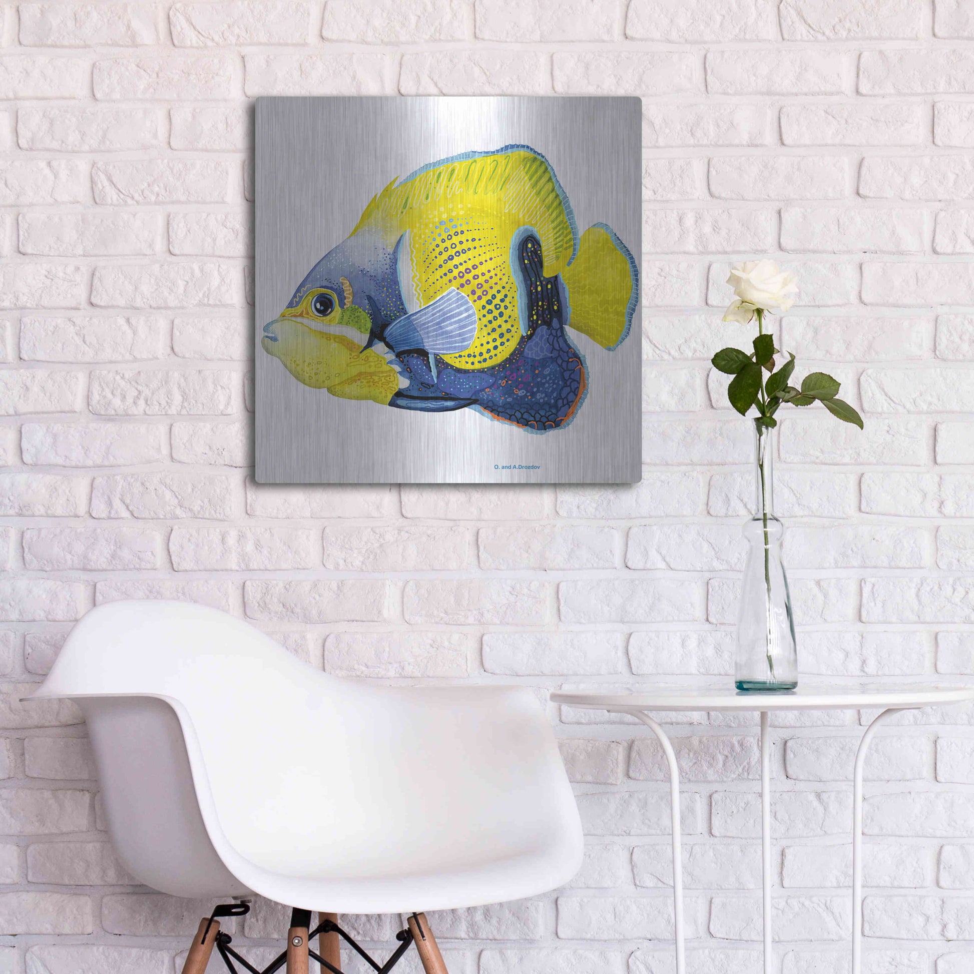 Luxe Metal Art 'Fish 3 Blue Yellow' by Olga and Alexey Drozdov, Metal Wall Art,24x24