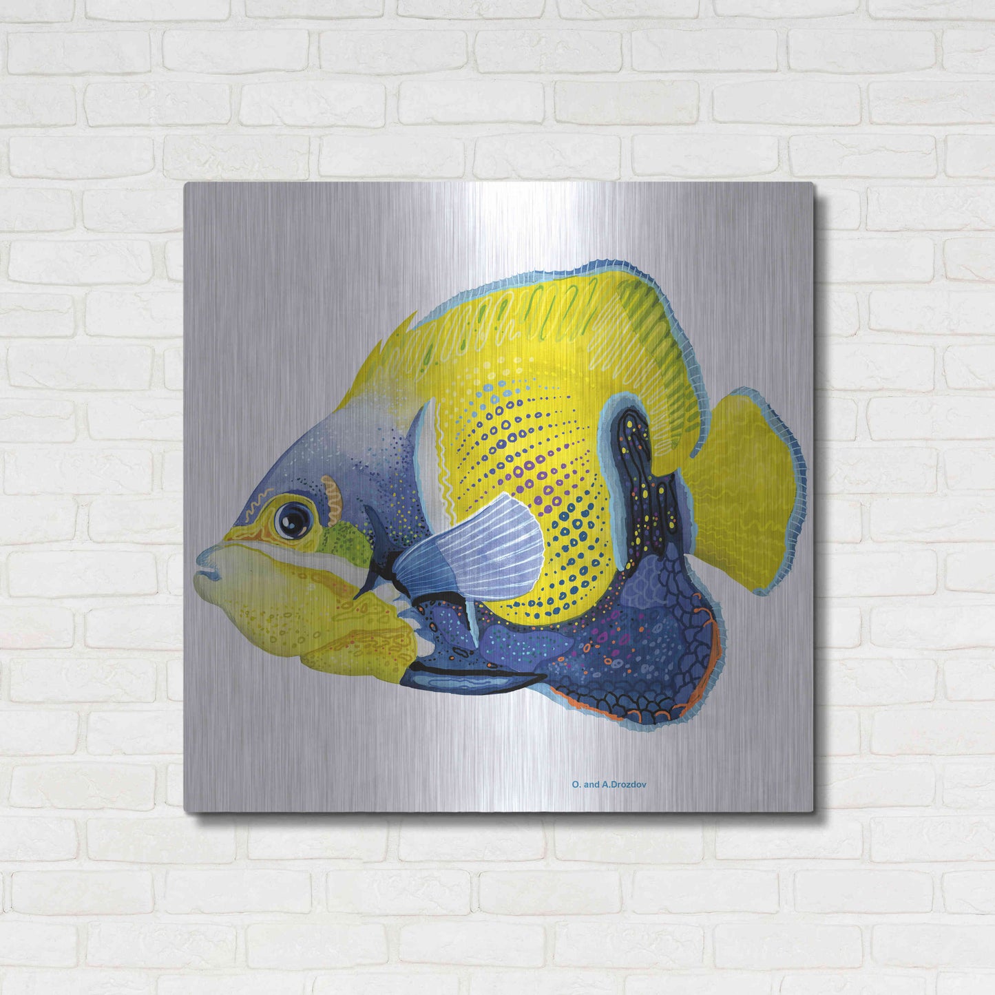 Luxe Metal Art 'Fish 3 Blue Yellow' by Olga and Alexey Drozdov, Metal Wall Art,36x36