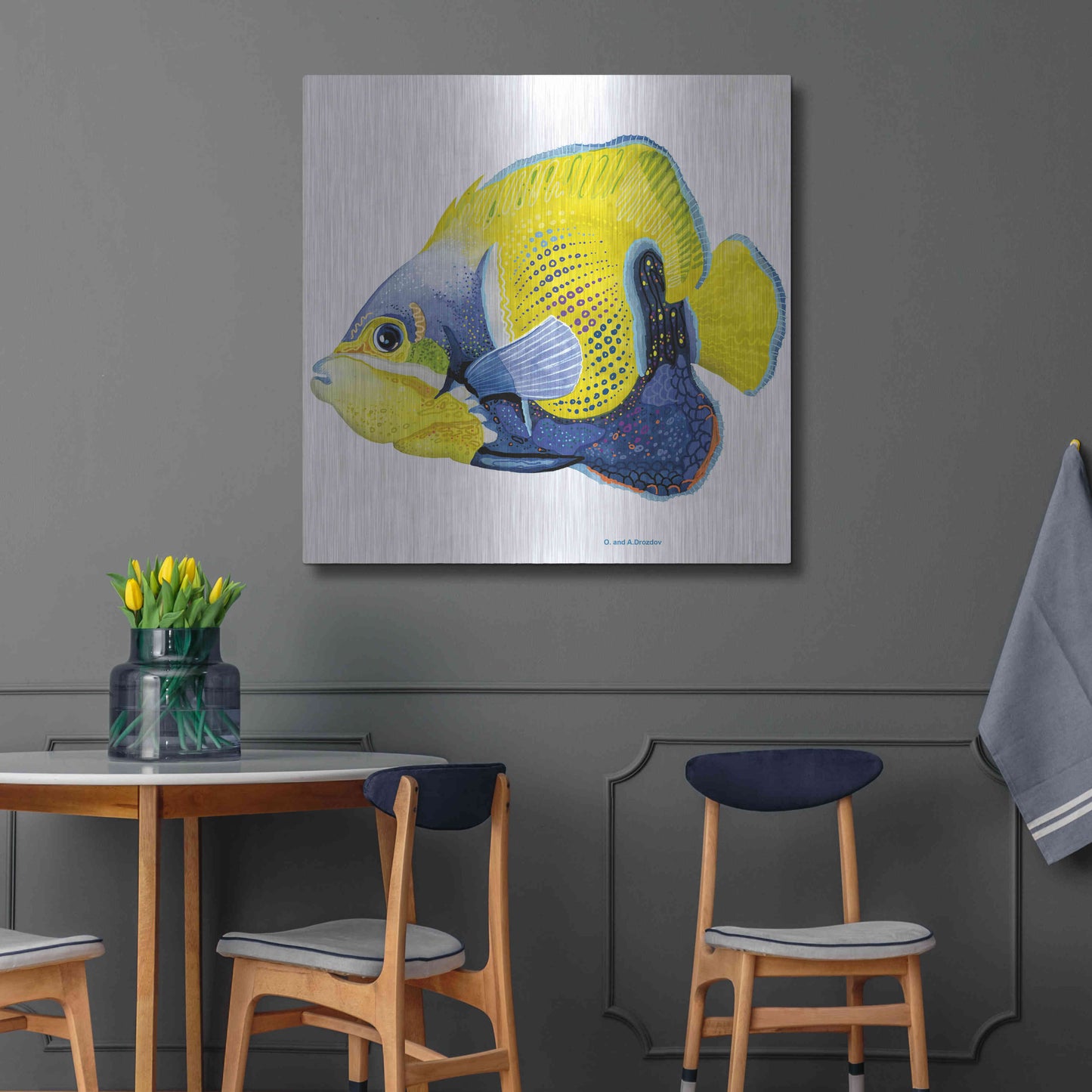 Luxe Metal Art 'Fish 3 Blue Yellow' by Olga and Alexey Drozdov, Metal Wall Art,36x36