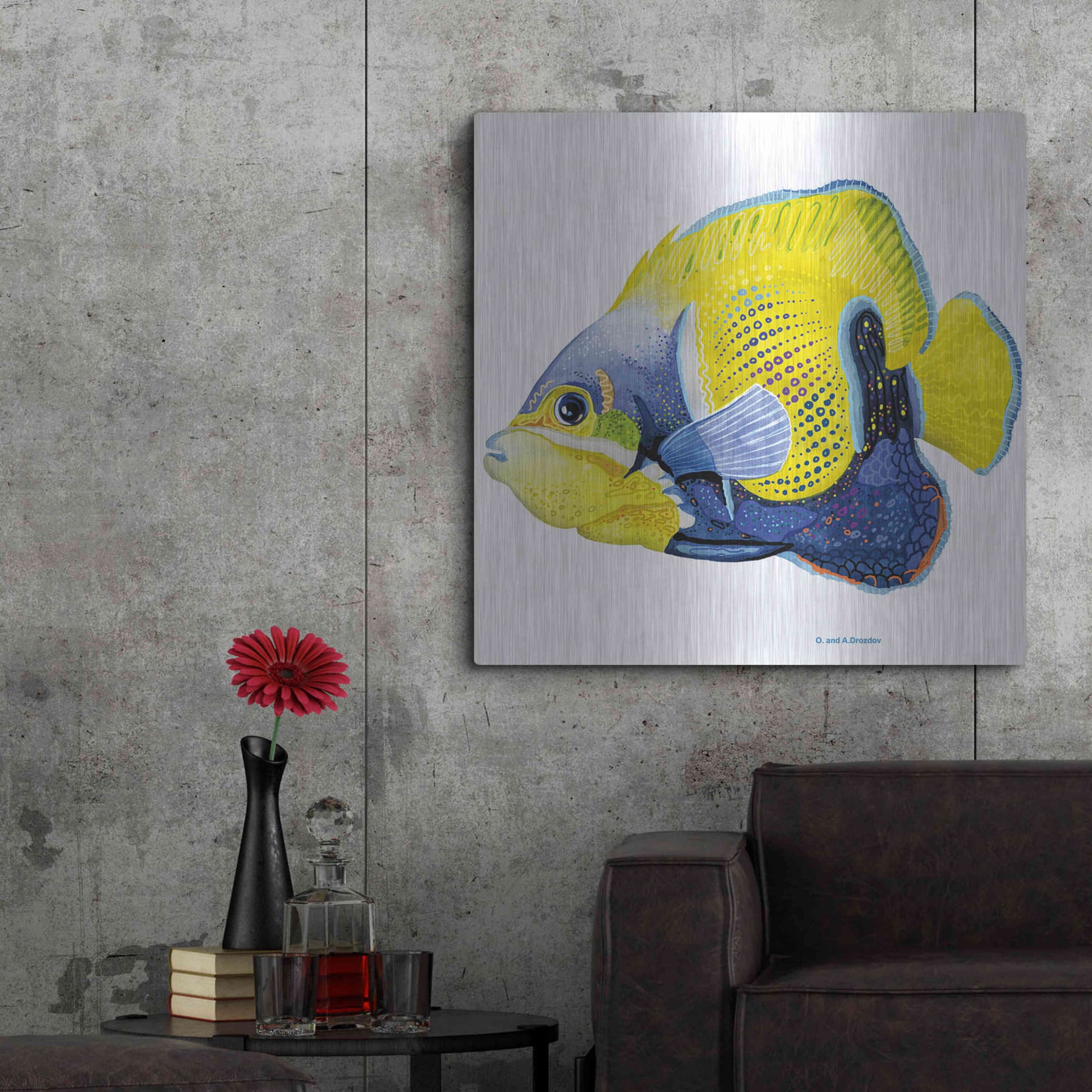 Luxe Metal Art 'Fish 3 Blue Yellow' by Olga and Alexey Drozdov, Metal Wall Art,36x36