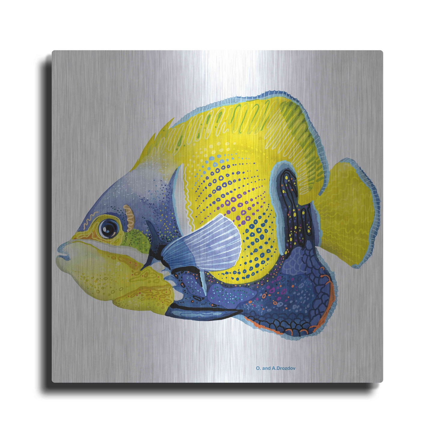 Luxe Metal Art 'Fish 3 Blue Yellow' by Olga and Alexey Drozdov, Metal Wall Art