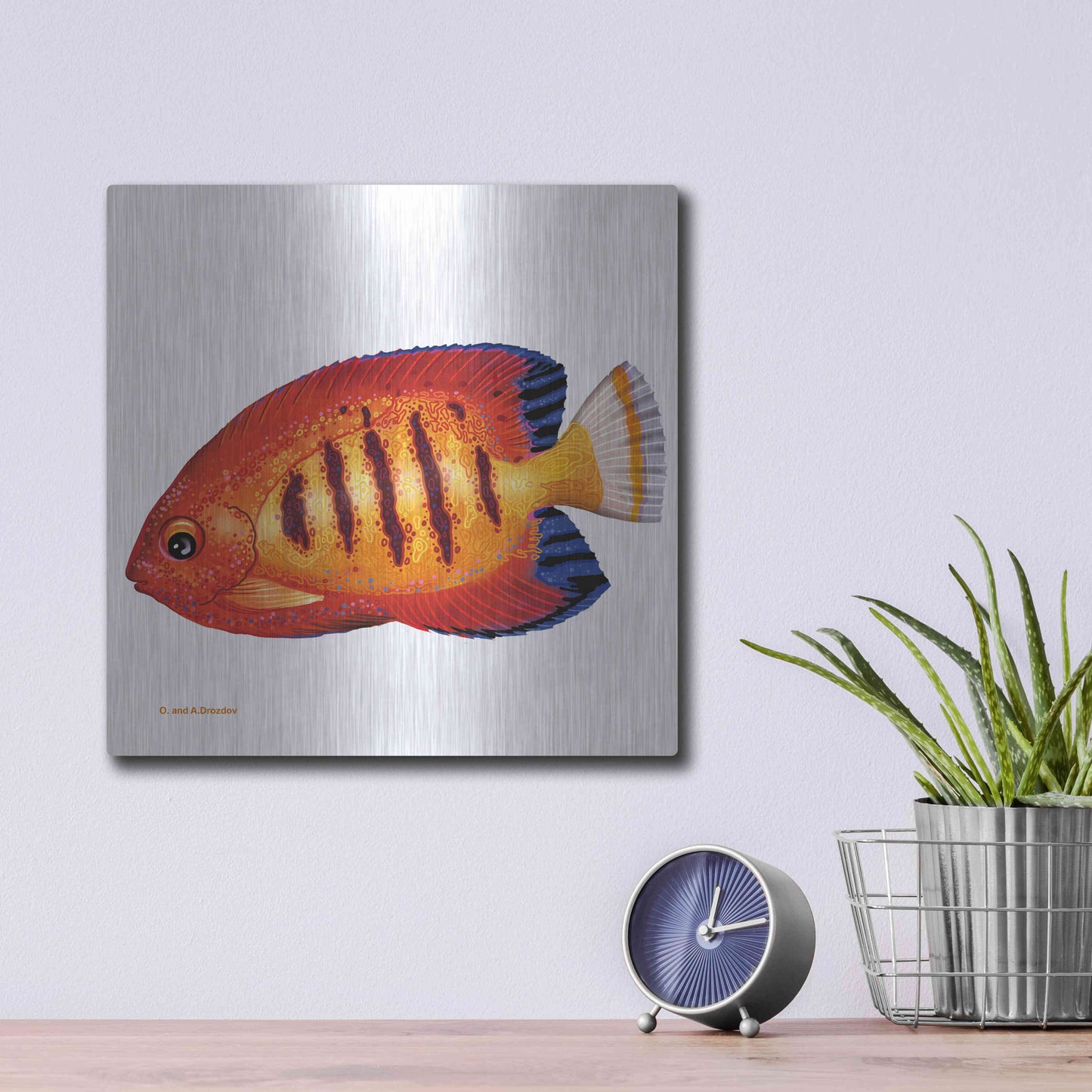 Luxe Metal Art 'Fish 2 Red Yellow' by Olga and Alexey Drozdov, Metal Wall Art,12x12