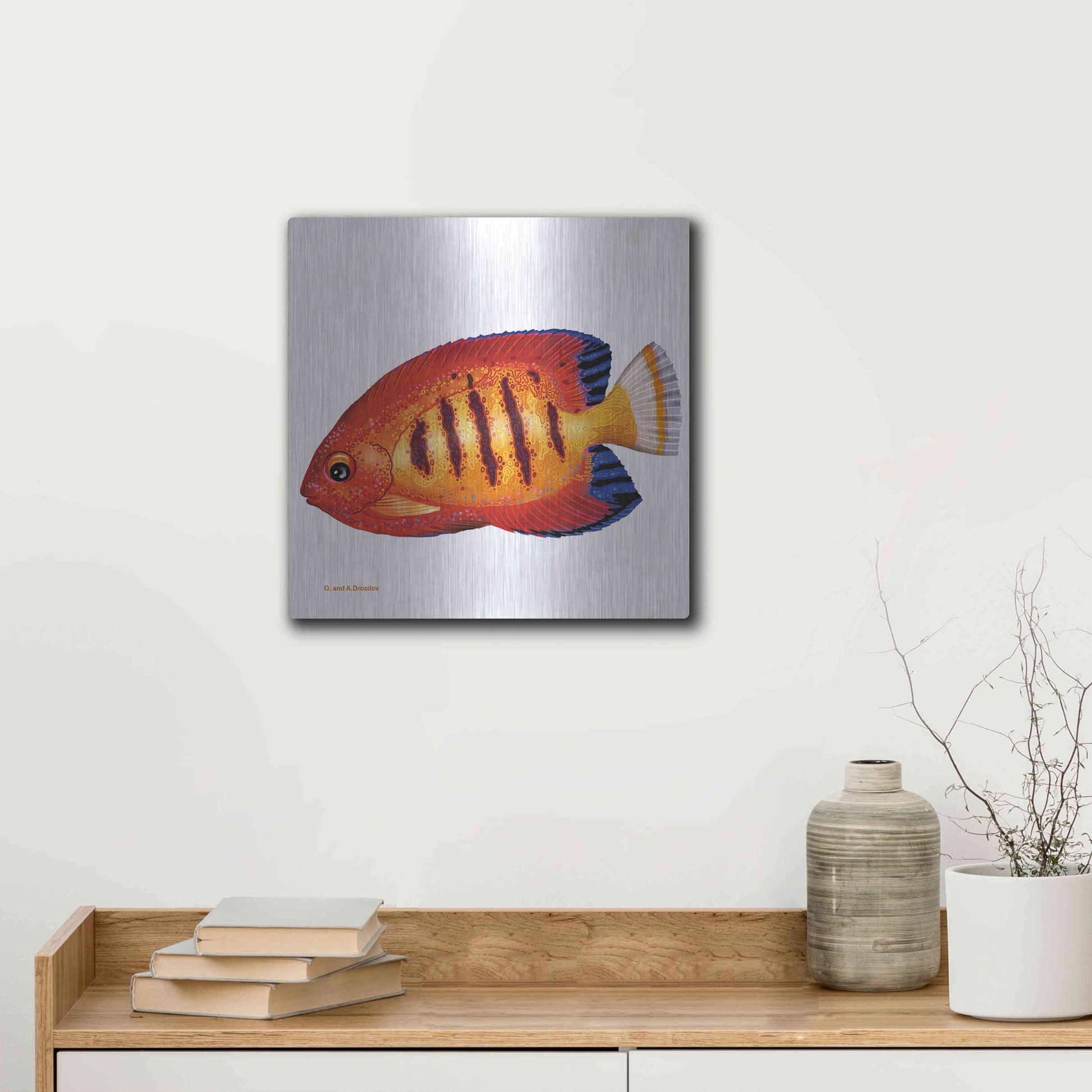 Luxe Metal Art 'Fish 2 Red Yellow' by Olga and Alexey Drozdov, Metal Wall Art,12x12