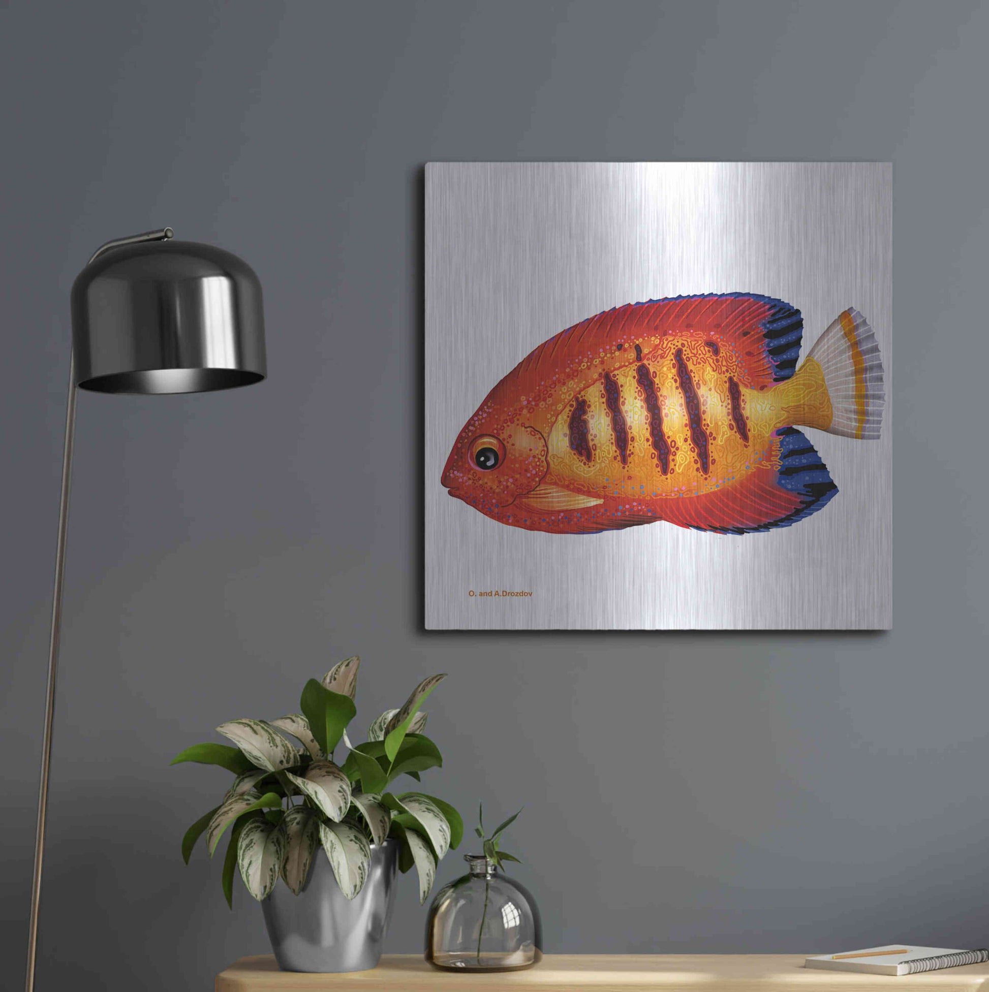 Luxe Metal Art 'Fish 2 Red Yellow' by Olga and Alexey Drozdov, Metal Wall Art,24x24