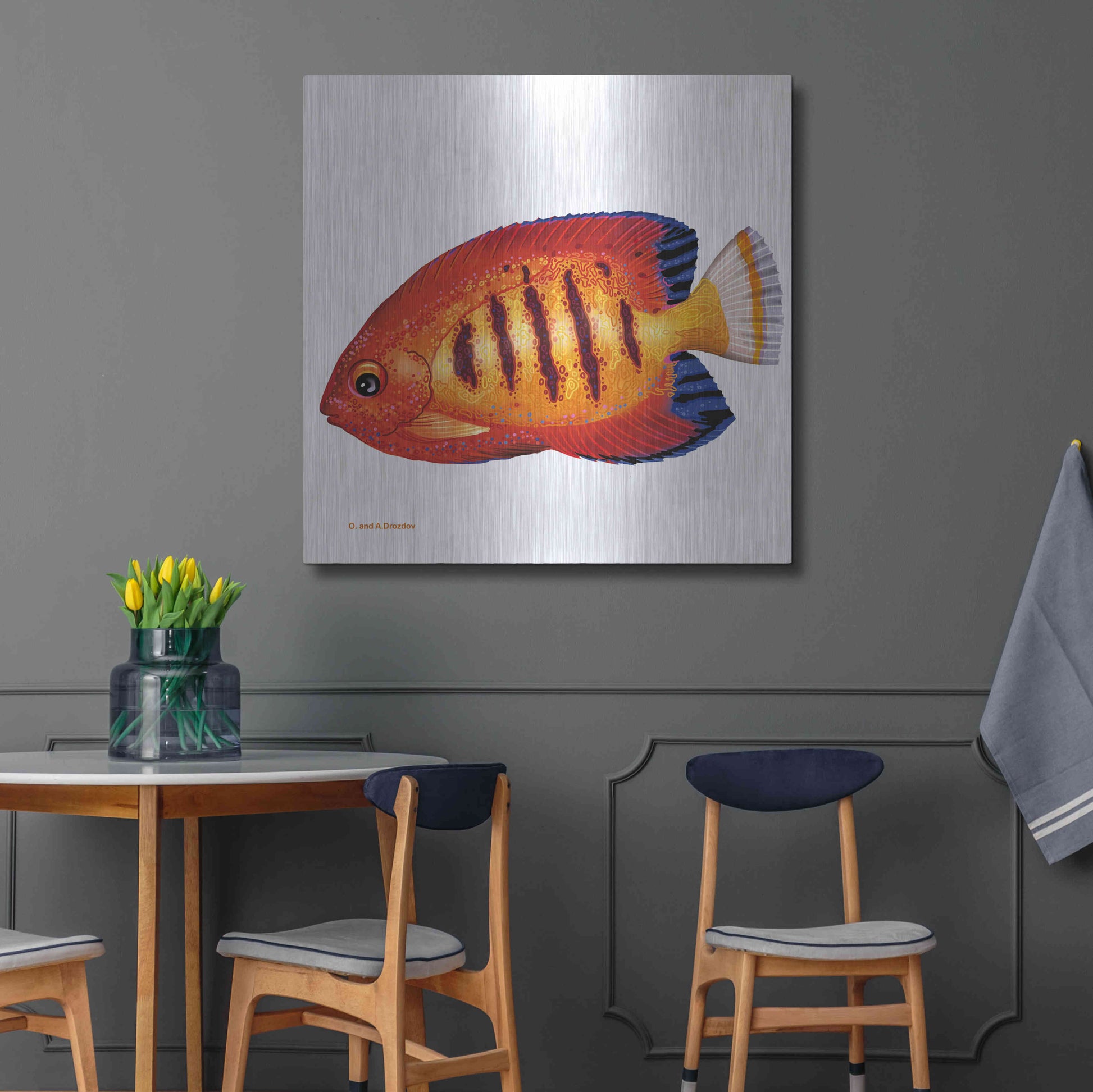 Luxe Metal Art 'Fish 2 Red Yellow' by Olga and Alexey Drozdov, Metal Wall Art,36x36