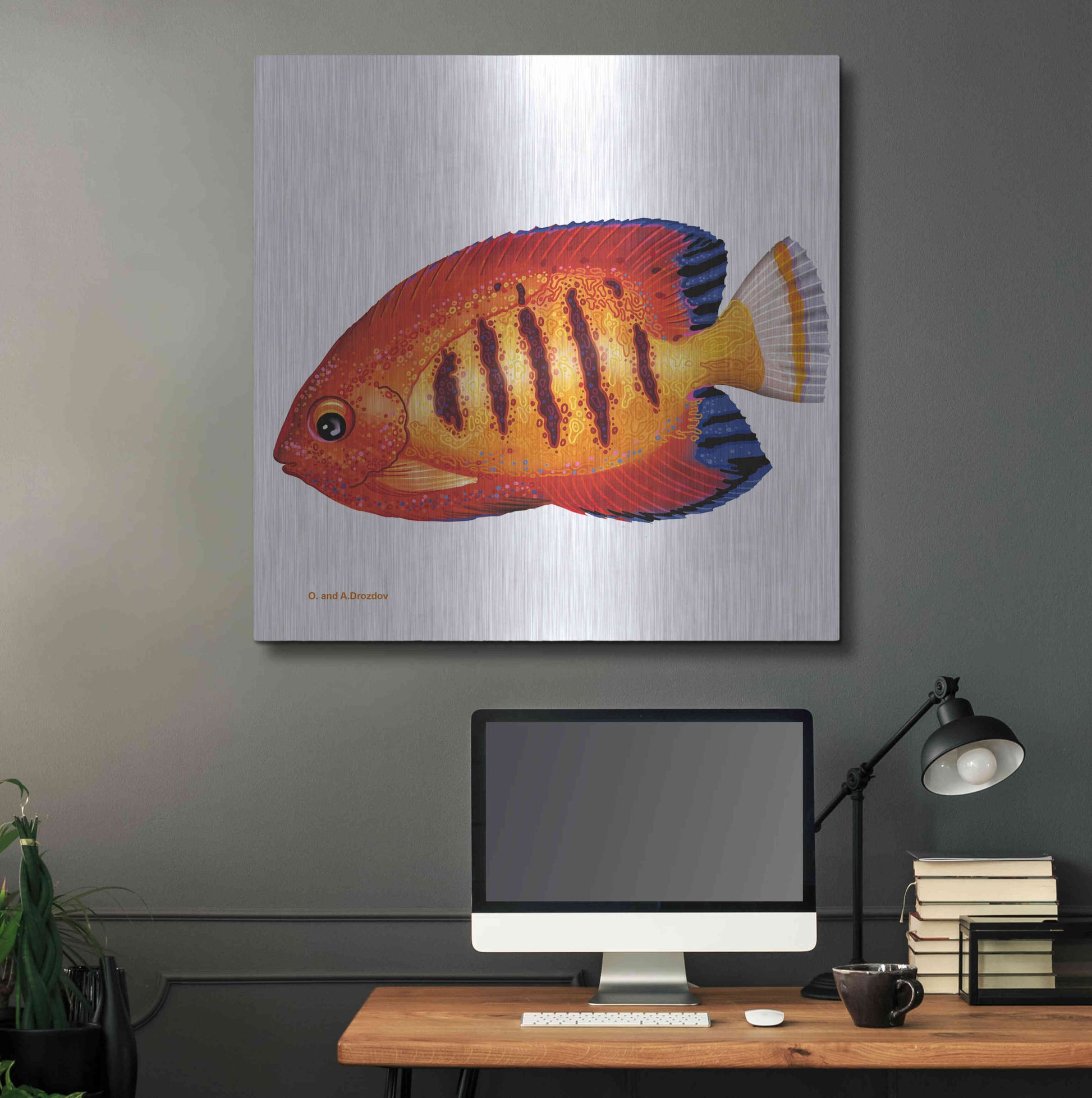 Luxe Metal Art 'Fish 2 Red Yellow' by Olga and Alexey Drozdov, Metal Wall Art,36x36