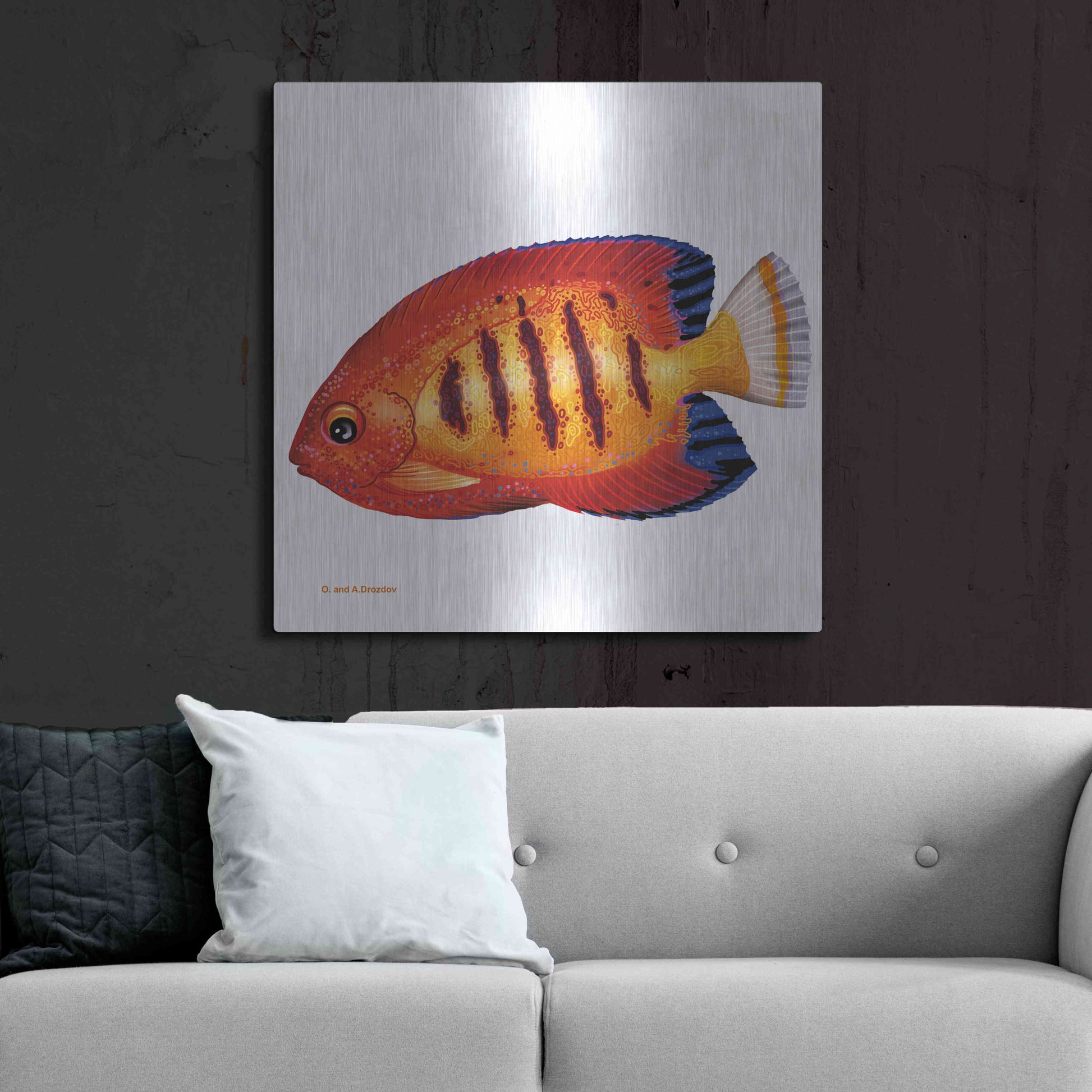 Luxe Metal Art 'Fish 2 Red Yellow' by Olga and Alexey Drozdov, Metal Wall Art,36x36