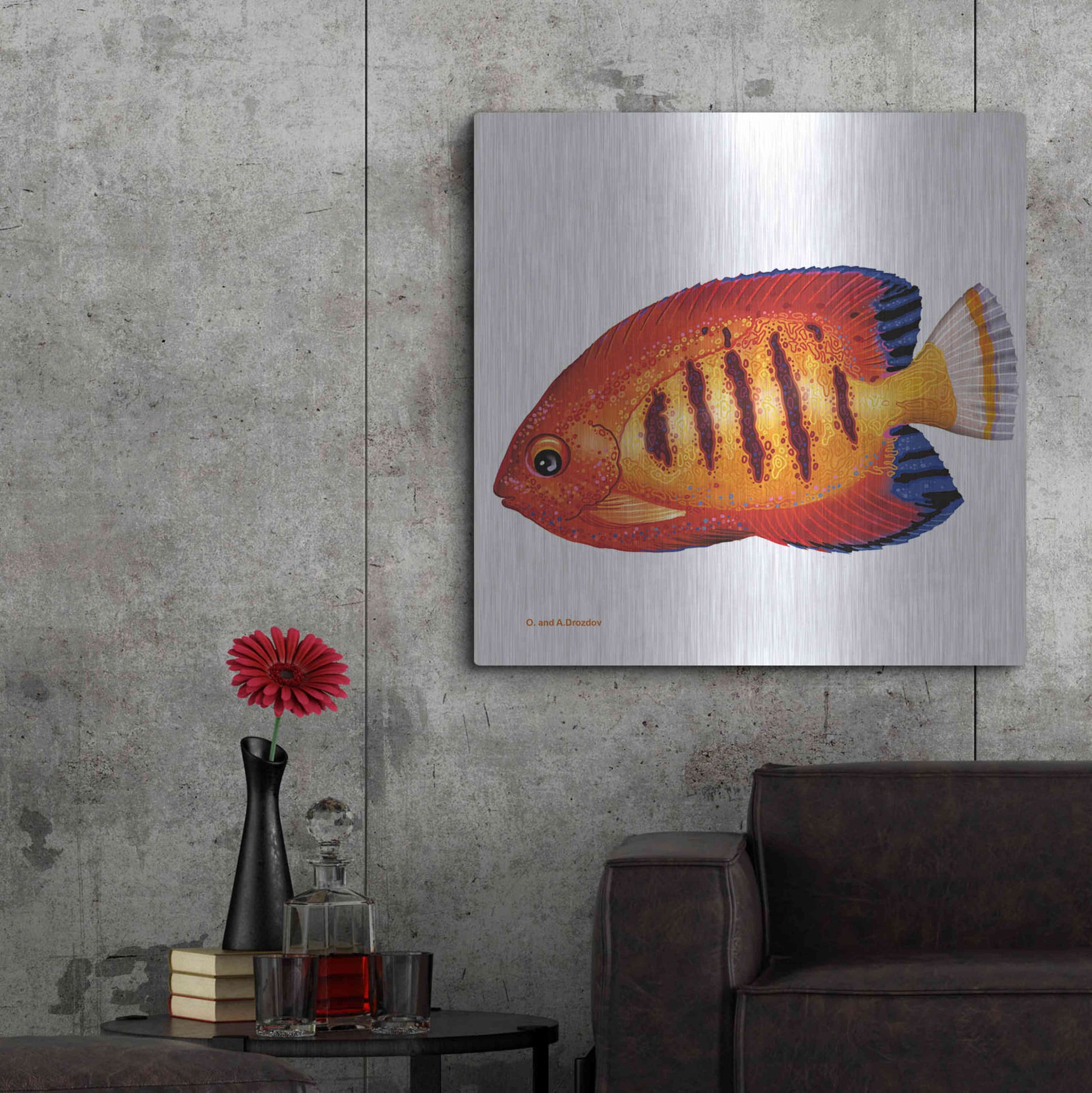 Luxe Metal Art 'Fish 2 Red Yellow' by Olga and Alexey Drozdov, Metal Wall Art,36x36