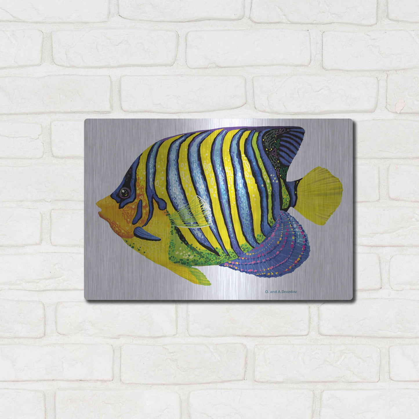 Luxe Metal Art 'Fish 2 Blue Yellow' by Olga and Alexey Drozdov, Metal Wall Art,16x12