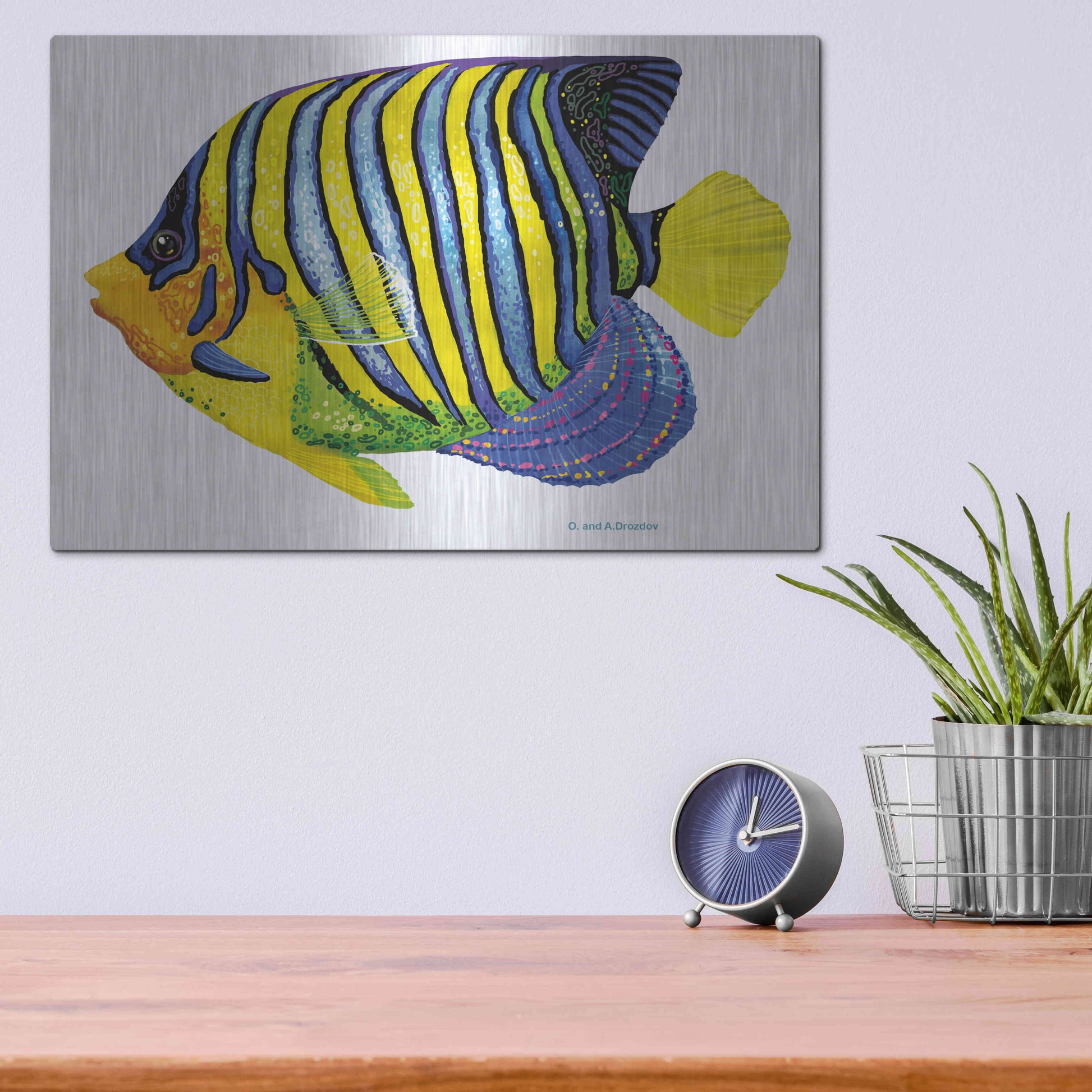 Luxe Metal Art 'Fish 2 Blue Yellow' by Olga and Alexey Drozdov, Metal Wall Art,16x12