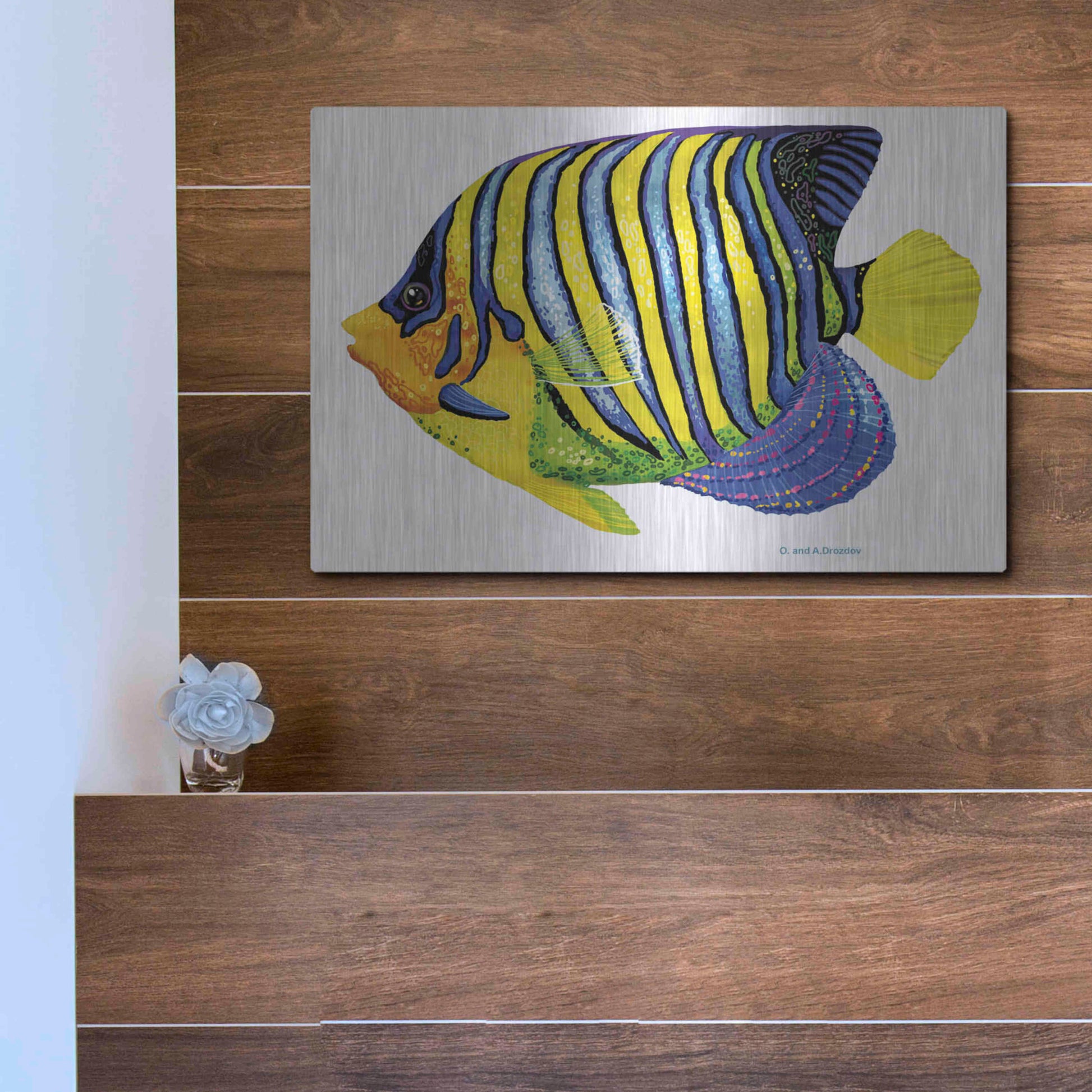 Luxe Metal Art 'Fish 2 Blue Yellow' by Olga and Alexey Drozdov, Metal Wall Art,16x12