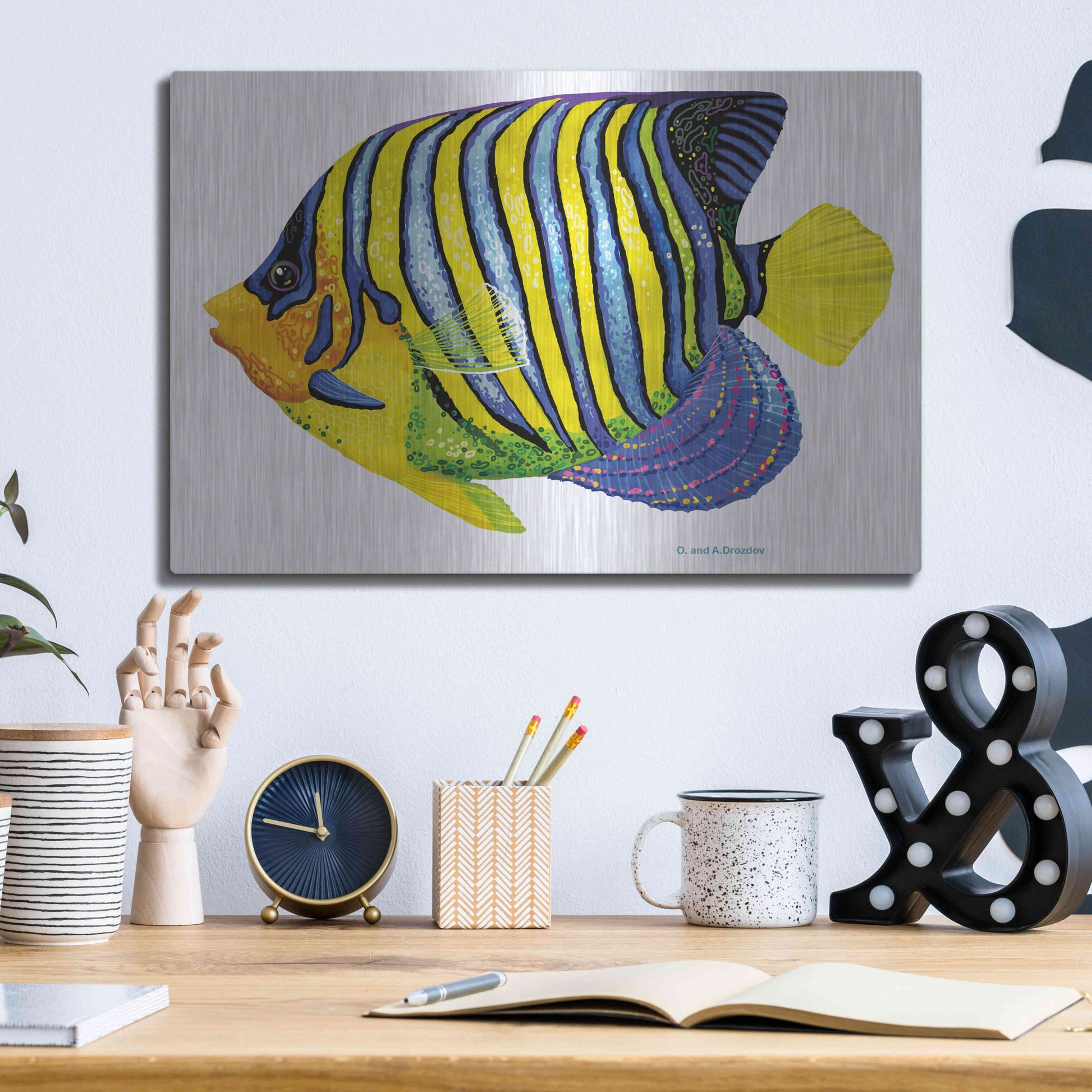 Luxe Metal Art 'Fish 2 Blue Yellow' by Olga and Alexey Drozdov, Metal Wall Art,16x12