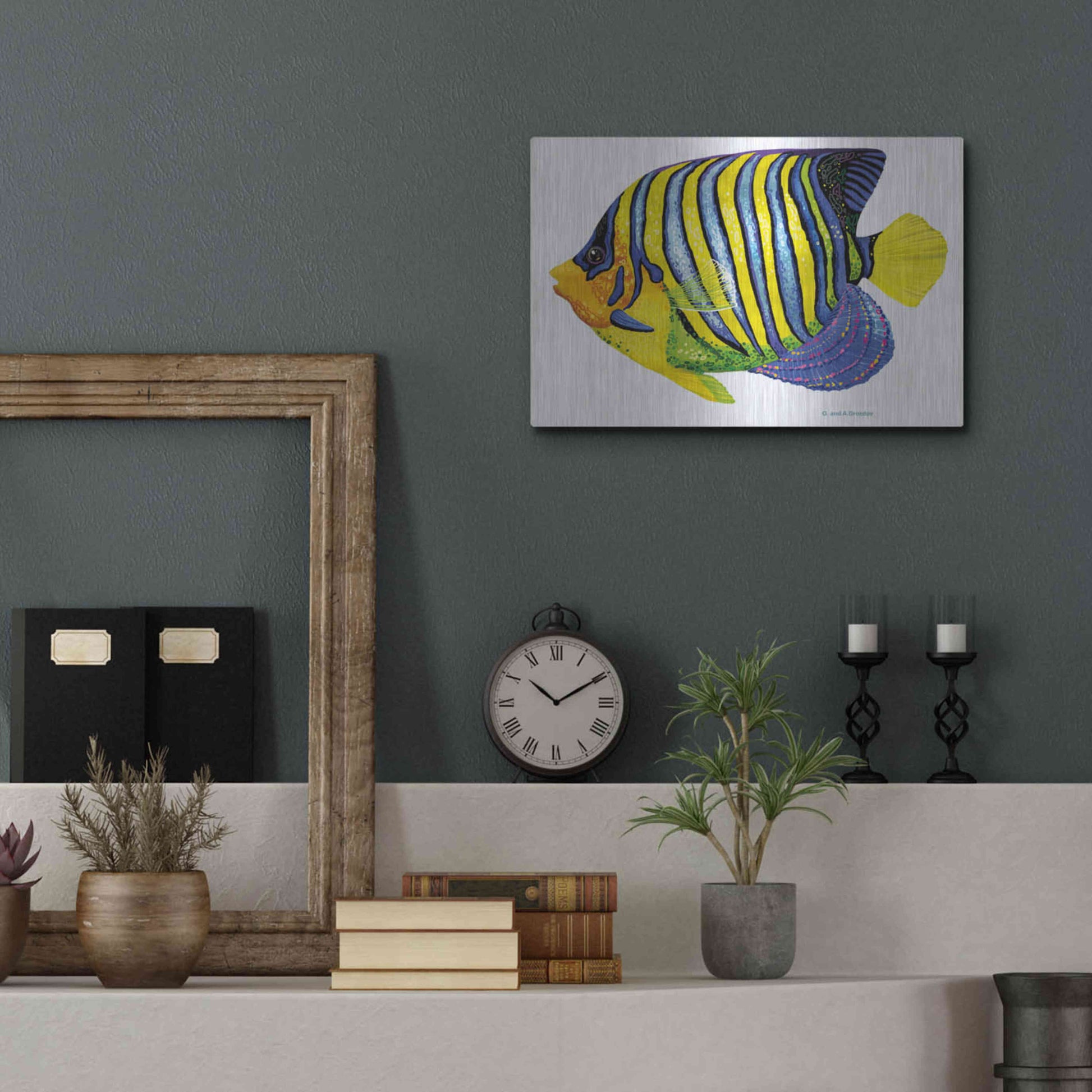 Luxe Metal Art 'Fish 2 Blue Yellow' by Olga and Alexey Drozdov, Metal Wall Art,16x12