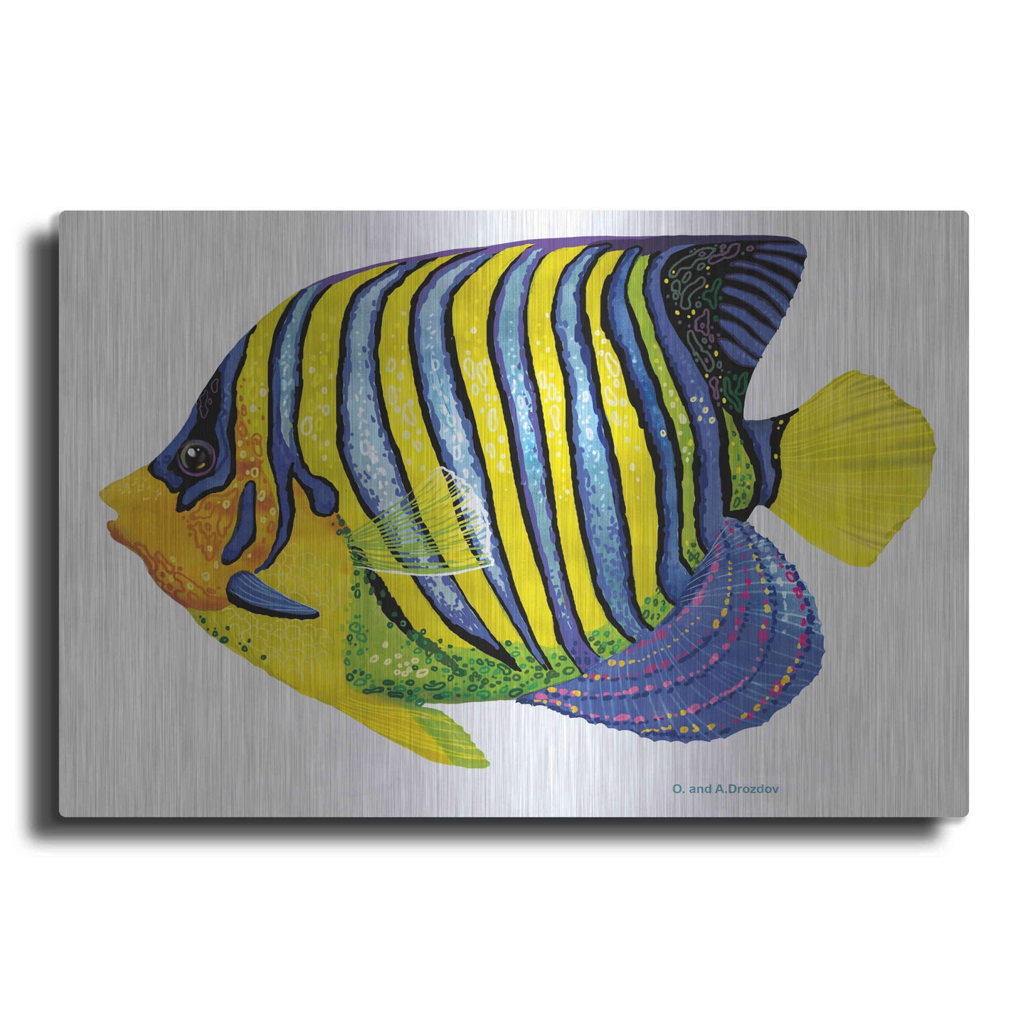 Luxe Metal Art 'Fish 2 Blue Yellow' by Olga and Alexey Drozdov, Metal Wall Art