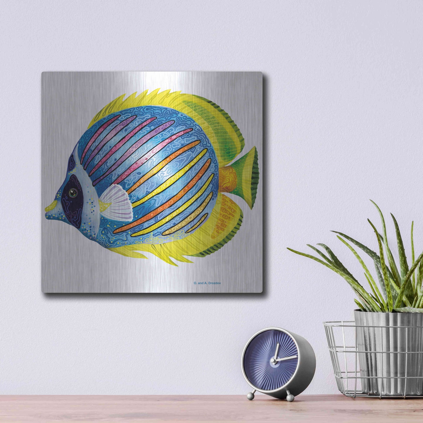 Luxe Metal Art 'Fish 1 Blue Yellow' by Olga and Alexey Drozdov, Metal Wall Art,12x12