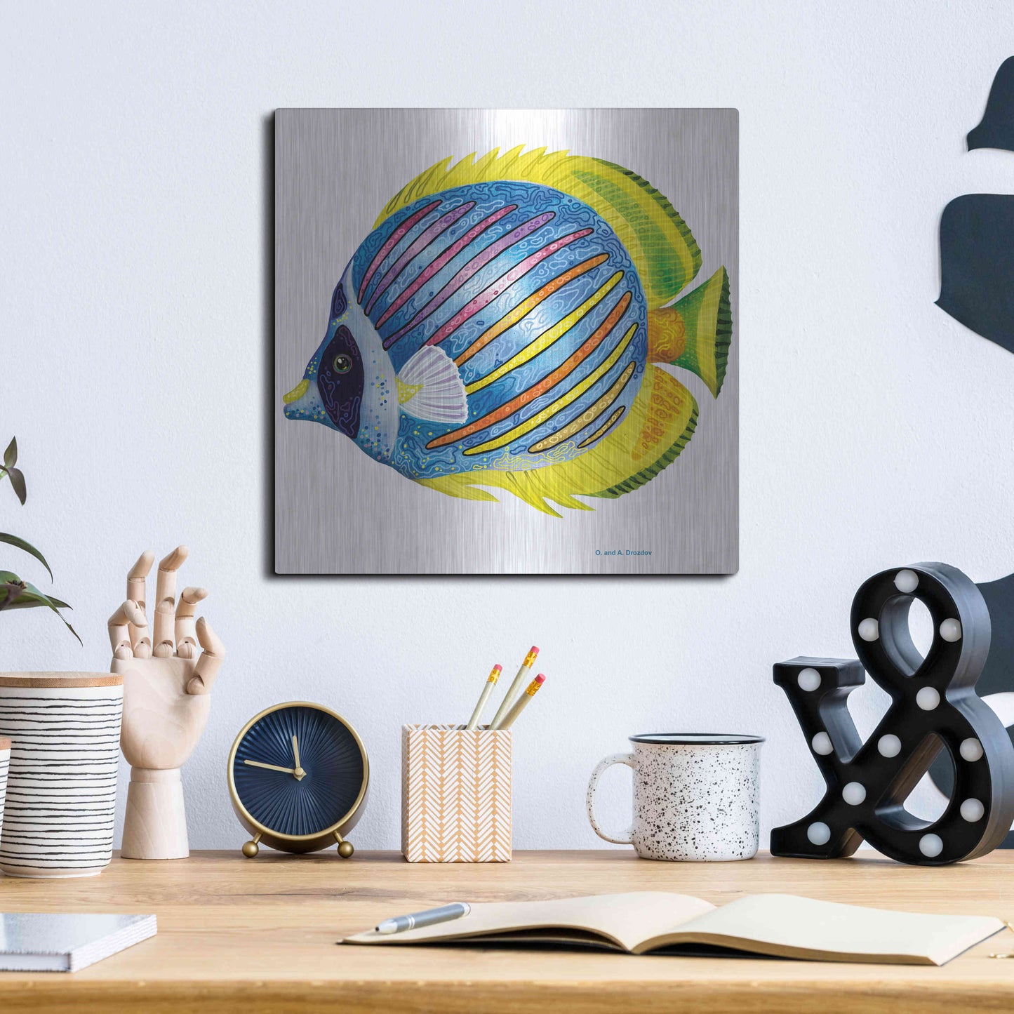 Luxe Metal Art 'Fish 1 Blue Yellow' by Olga and Alexey Drozdov, Metal Wall Art,12x12