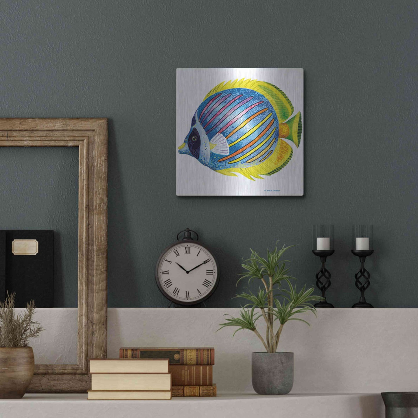 Luxe Metal Art 'Fish 1 Blue Yellow' by Olga and Alexey Drozdov, Metal Wall Art,12x12