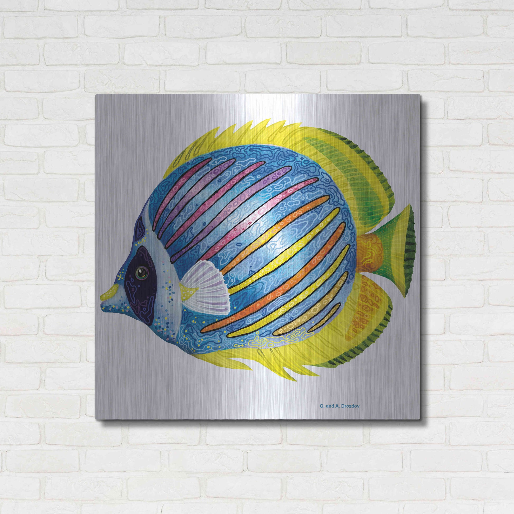 Luxe Metal Art 'Fish 1 Blue Yellow' by Olga and Alexey Drozdov, Metal Wall Art,36x36