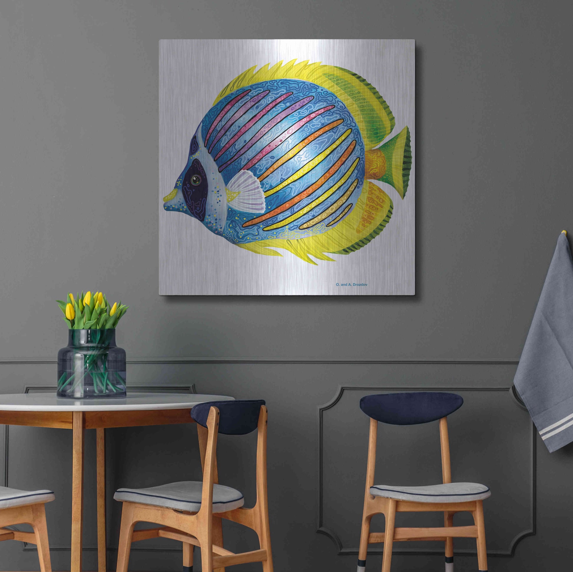 Luxe Metal Art 'Fish 1 Blue Yellow' by Olga and Alexey Drozdov, Metal Wall Art,36x36